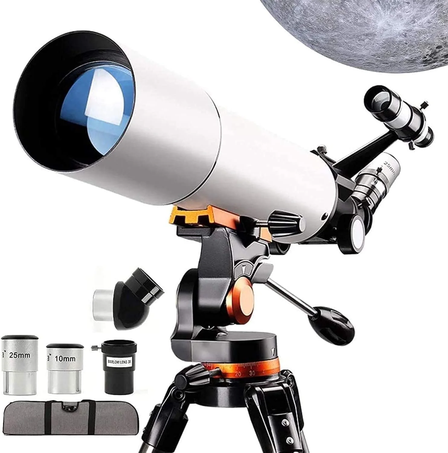تلسکوپ نجومی 80 میلی‌متری شکستی برای مبتدیان و بزرگسالان، به همراه پایه قابل تنظیم ارتفاع، نگهدارنده تلفن، فیلتر ماه و لنز بارلو 3X برای تماشای مناظر طبیعی