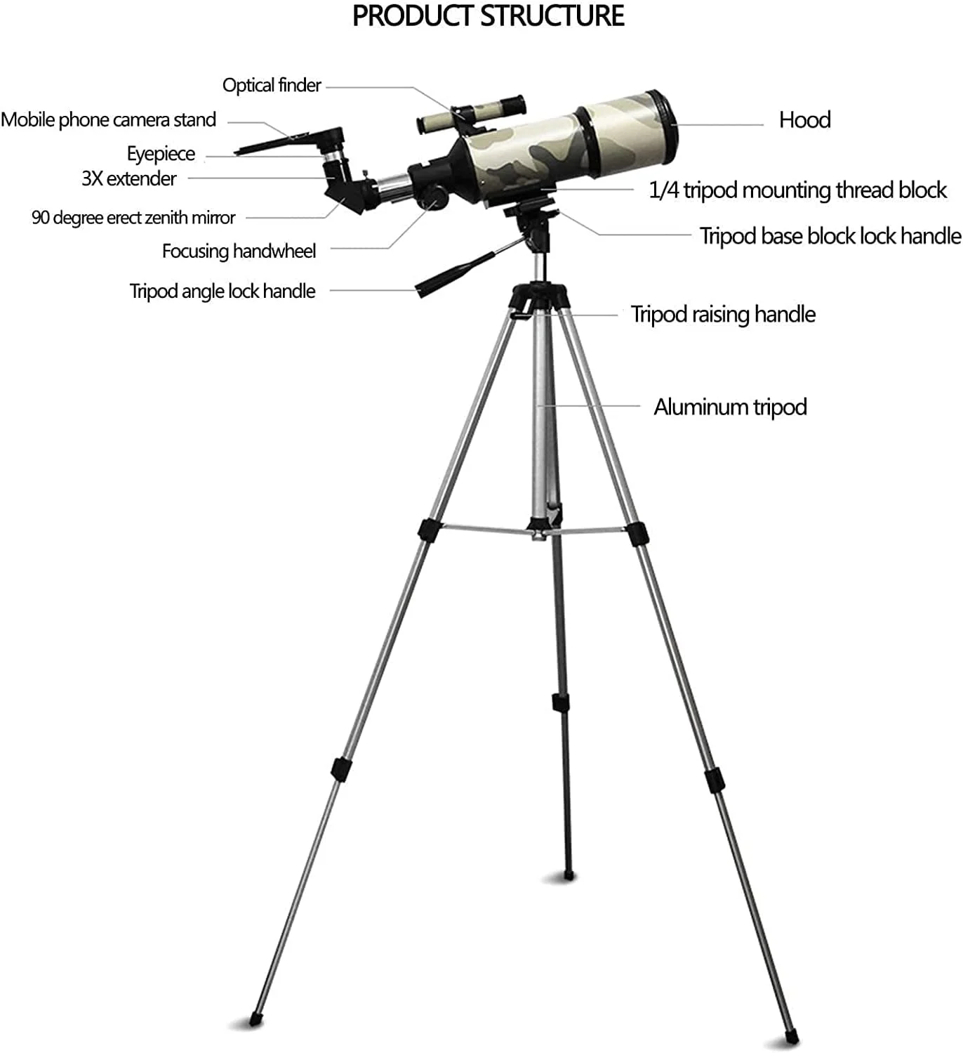 تلسکوپ برای کودکان و مبتدیان، دهانه 80 میلی‌متری، تلسکوپ شکستنی نجومی 400 میلی‌متری، تلسکوپ مسافرتی قابل حمل، به همراه پایه، یابنده و آداپتور تلفن هوشمند