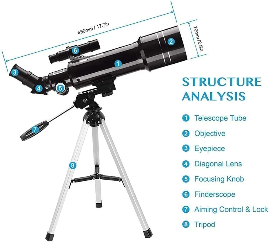 تلسکوپ برای کودکان، بزرگسالان و مبتدیان، تلسکوپ شکستنی نجومی با لنز منشور BAK4 با دهانه 70 میلی‌متری و فاصله کانونی 400 میلی‌متری به همراه پایه و نگهدارنده تلفن هوشمند برای کاوش در ماه و سیارات