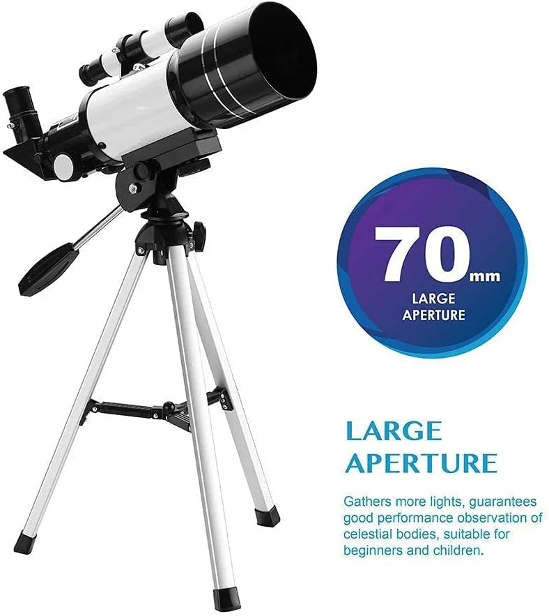 تلسکوپ 70 میلی‌متری شکستنی نجومی با منشور BAK4، دهانه 70 میلی‌متری، طول کانونی 400 میلی‌متر، به همراه پایه، گیره تلفن همراه و کنترل سیم دوربین