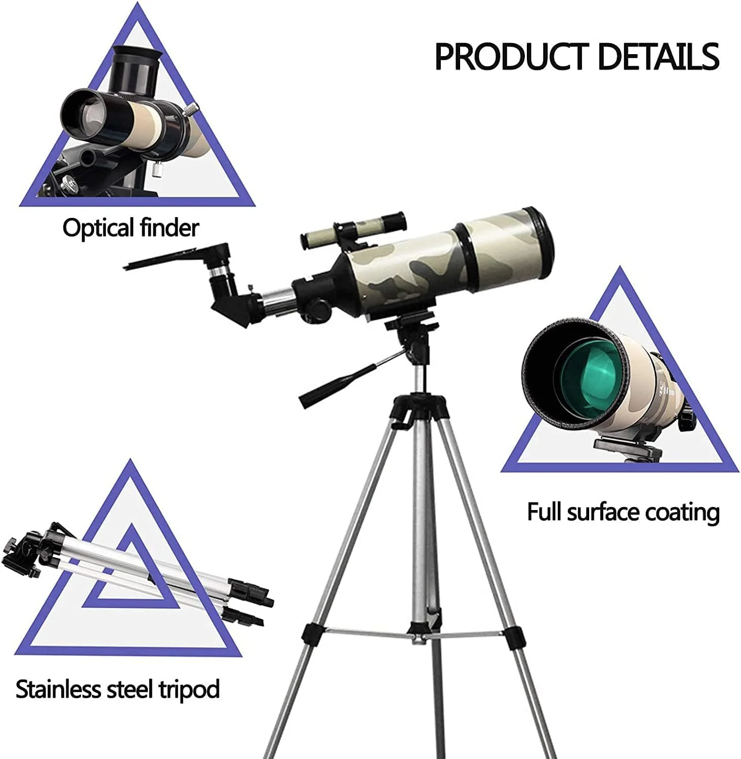 تلسکوپ برای کودکان و مبتدیان، دهانه 80 میلی‌متری، تلسکوپ شکستنی نجومی 400 میلی‌متری، تلسکوپ مسافرتی قابل حمل، به همراه پایه، یابنده و آداپتور تلفن هوشمند