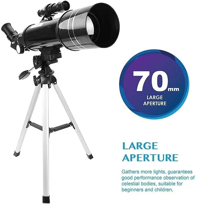 تلسکوپ برای کودکان، بزرگسالان و مبتدیان، تلسکوپ شکستنی نجومی با لنز منشور BAK4 با دهانه 70 میلی‌متری و فاصله کانونی 400 میلی‌متری به همراه پایه و نگهدارنده تلفن هوشمند برای کاوش در ماه و سیارات