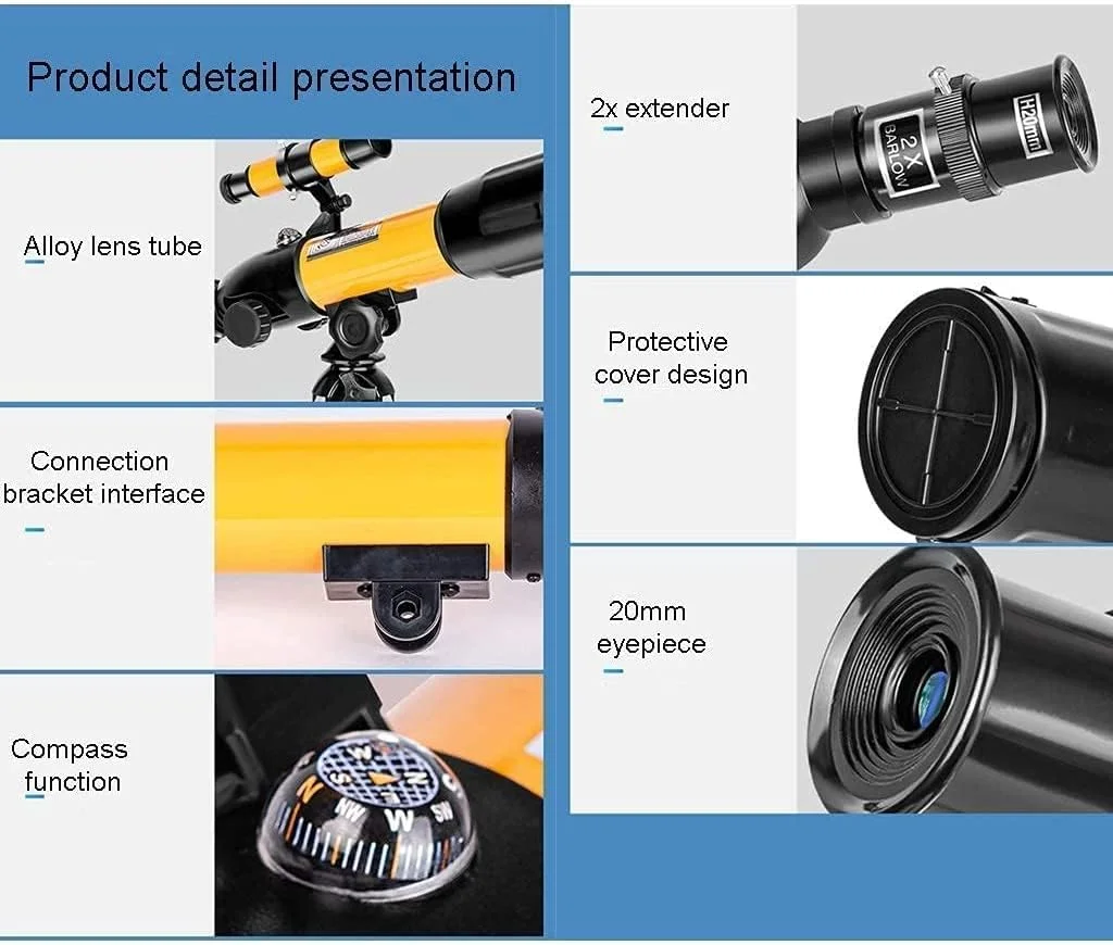 تلسکوپ برای کودکان و مبتدیان، تلسکوپ مسافرتی نجومی قابل حمل، تلسکوپ انکساری 70 میلی‌متری، هدیه عالی نجوم برای کودکان برای کاوش در فضای ماه