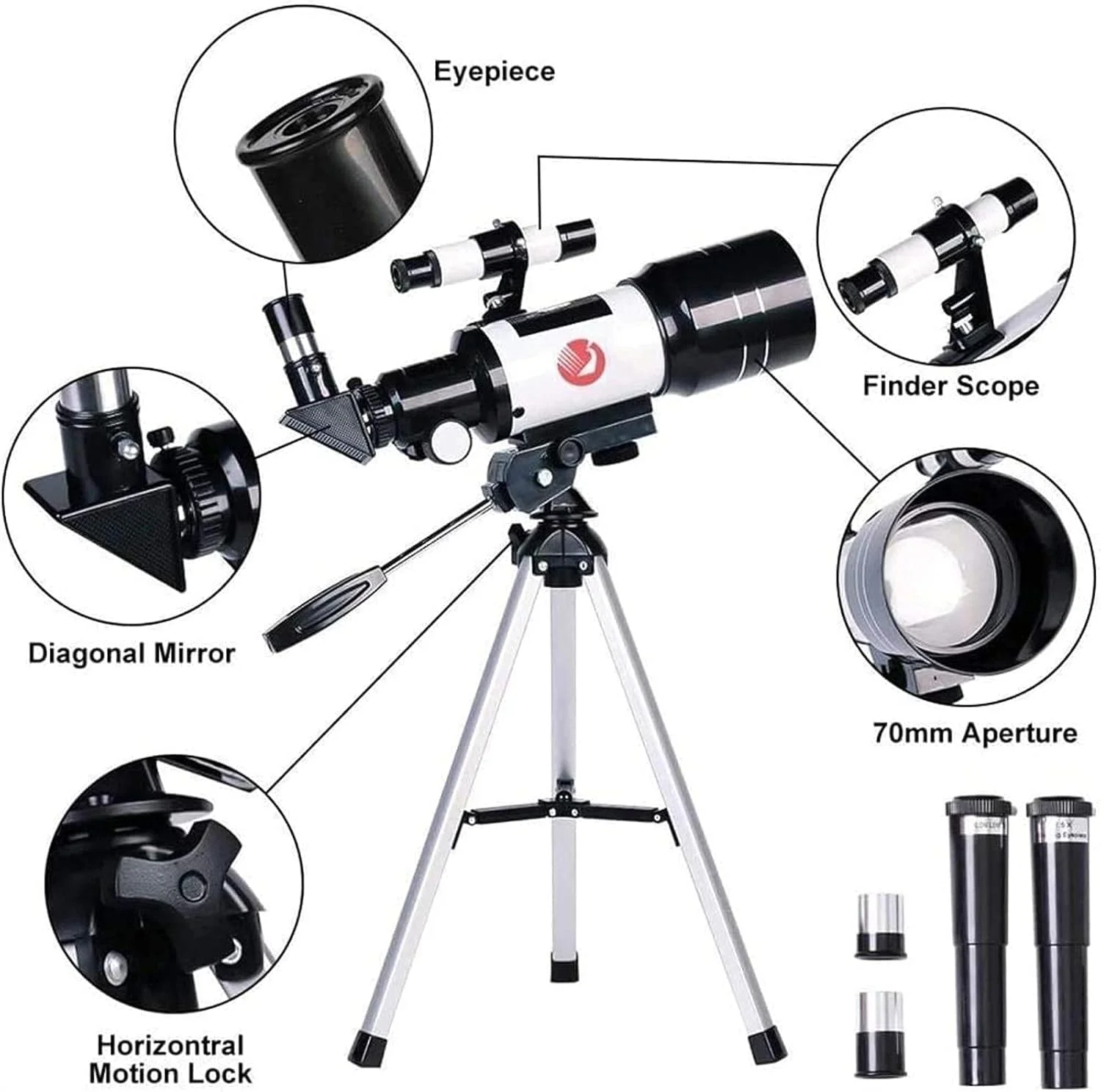 تلسکوپ برای مبتدیان، دهانه 70 میلی‌متری، تلسکوپ شکستنی نجومی 300 میلی‌متری، سه پایه و یابنده - تلسکوپ مسافرتی قابل حمل با تلفن هوشمند