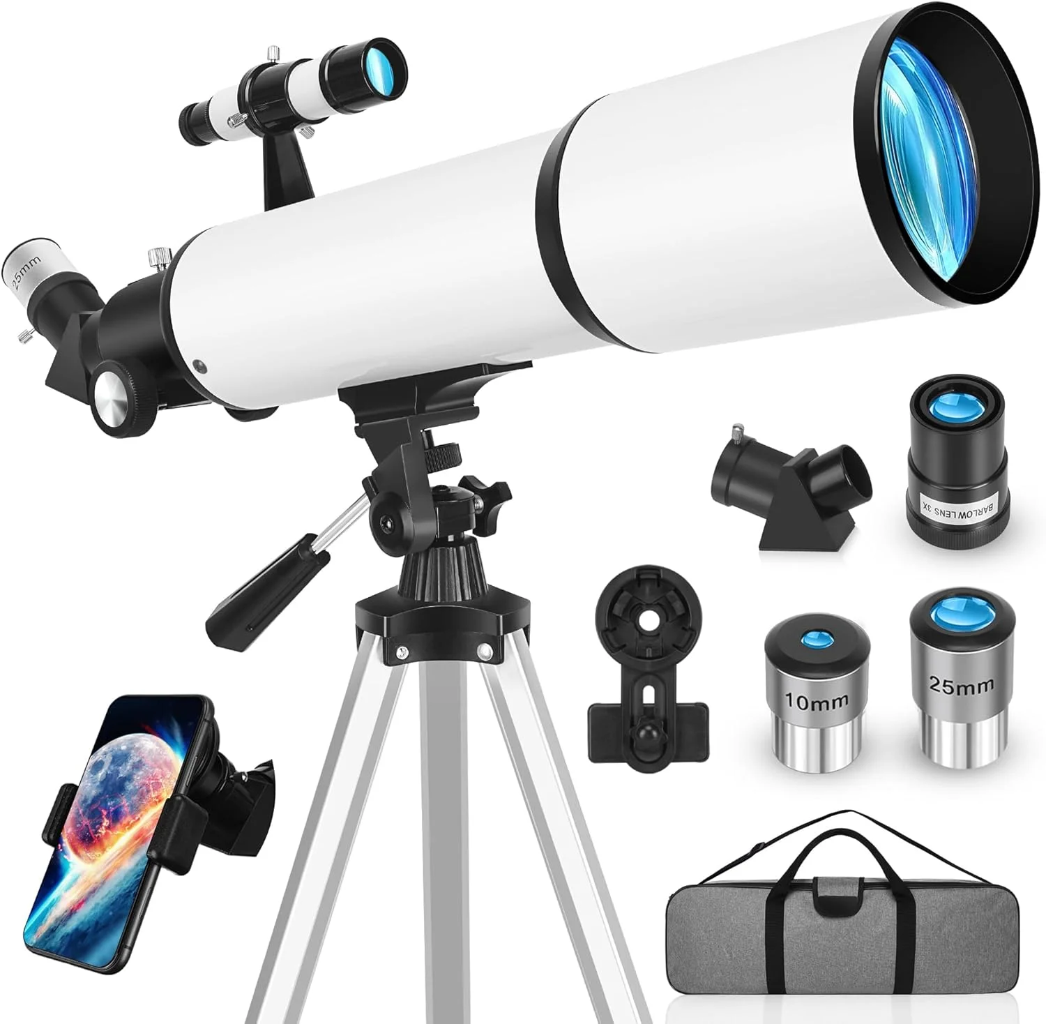 تلسکوپ برای بزرگسالان و کودکان مبتدی، دهانه 80 میلی‌متری، شکست نور 600 میلی‌متری (24X-180X)، تلسکوپ مسافرتی قابل حمل با آداپتور تلفن، کیف حمل