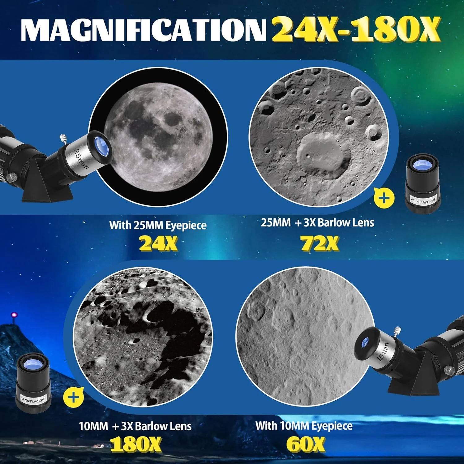 تلسکوپ برای بزرگسالان و کودکان مبتدی، دهانه 80 میلی‌متری، شکست نور 600 میلی‌متری (24X-180X)، تلسکوپ مسافرتی قابل حمل با آداپتور تلفن، کیف حمل