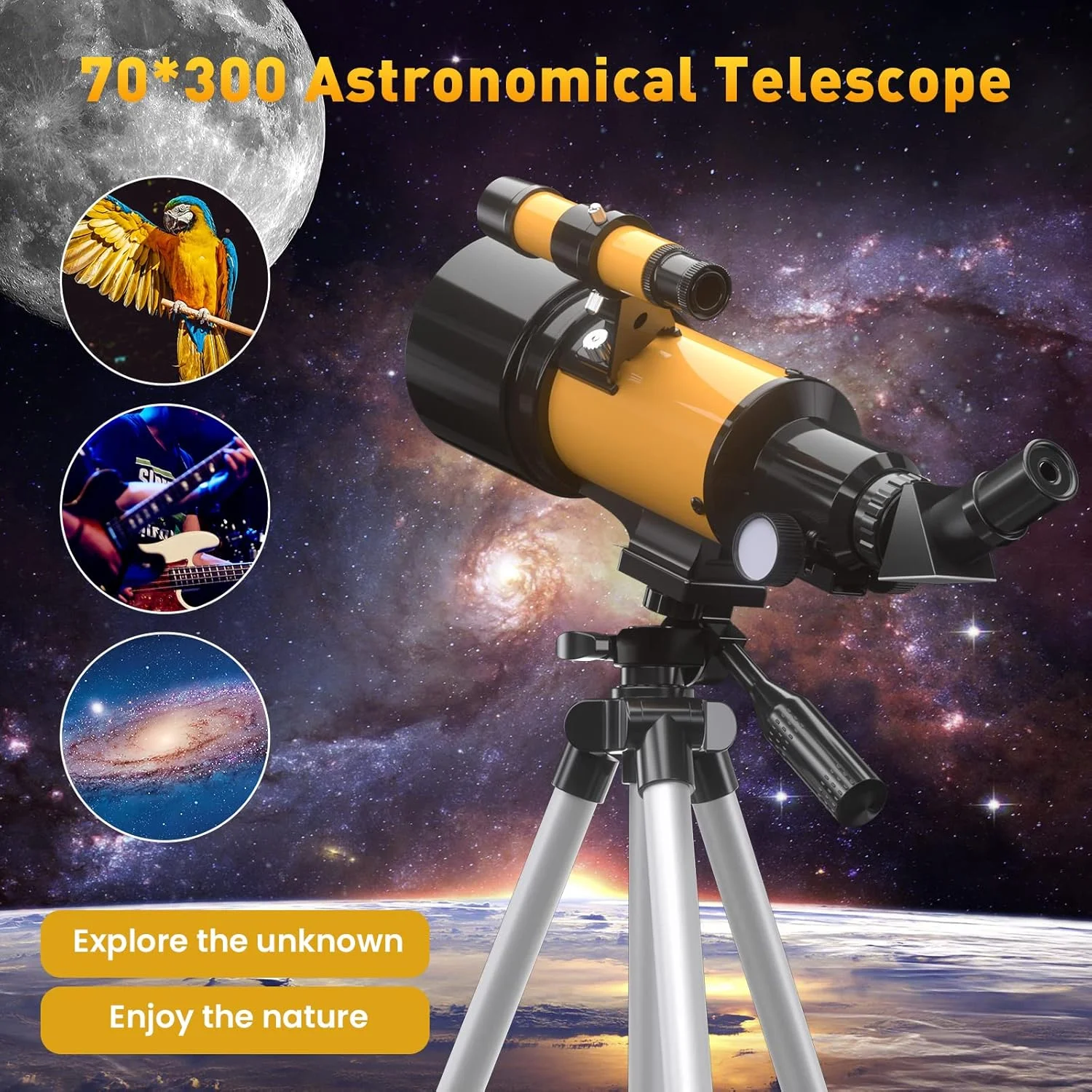 تلسکوپ نجومی، تلسکوپ برای بزرگسالان، تلسکوپ شکستی دهانه 70/300 میلی‌متری برای کودکان و مبتدیان، به همراه آداپتور تلفن و سه پایه برای مشاهده سیارات و ماه (15 تا 150 برابر)