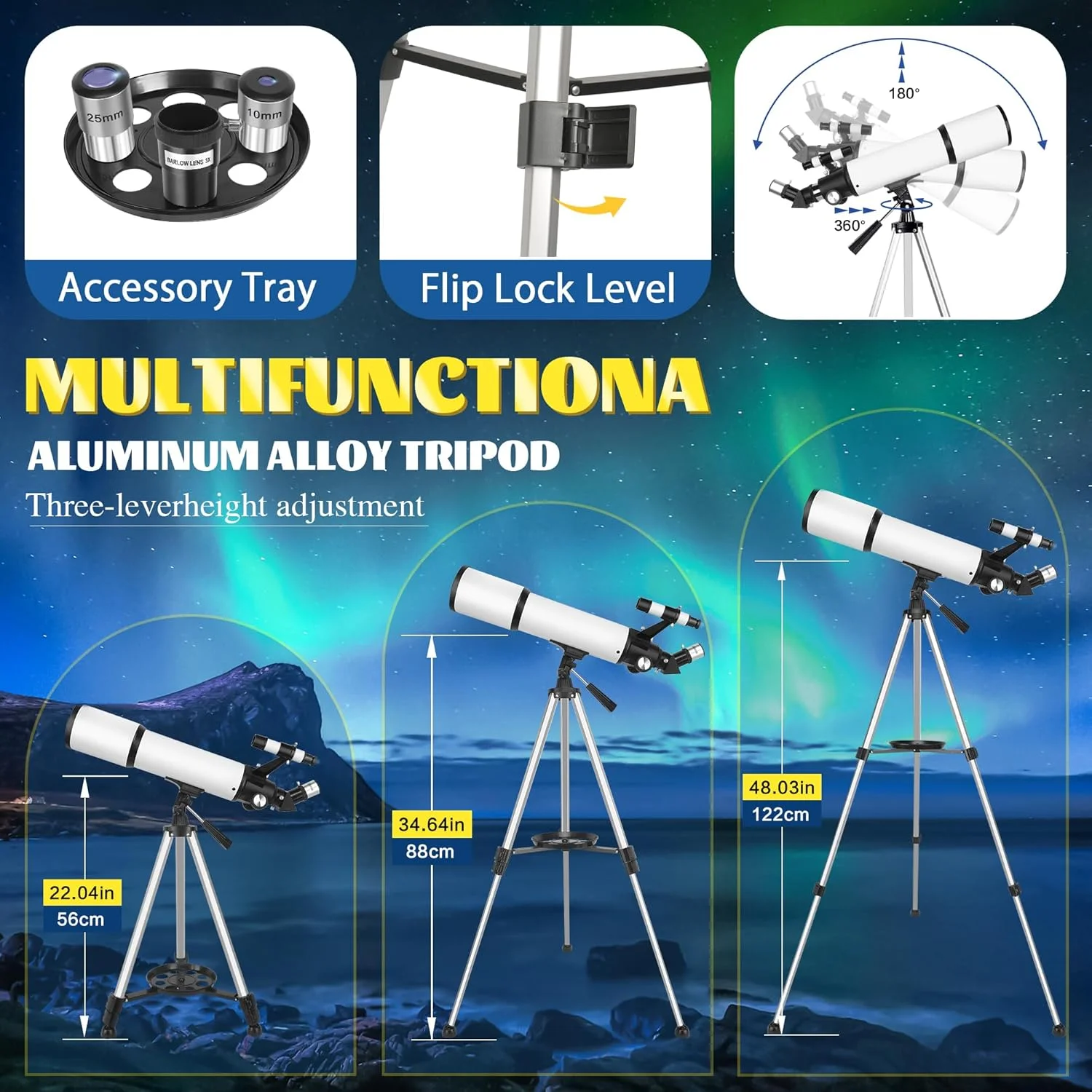 تلسکوپ برای بزرگسالان و کودکان مبتدی، دهانه 80 میلی‌متری، شکست نور 600 میلی‌متری (24X-180X)، تلسکوپ مسافرتی قابل حمل با آداپتور تلفن، کیف حمل