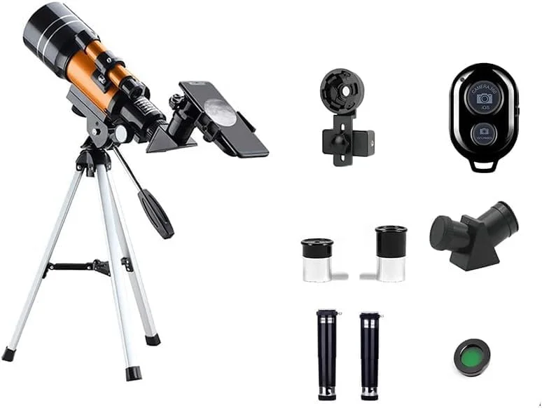 تلسکوپ نجومی با دهانه 70 میلی‌متری (تا 150 برابر بزرگنمایی)، تلسکوپ شکستی قابل حمل برای بزرگسالان/مبتدیان نجوم، تلسکوپ مسافرتی حرفه‌ای 300 میلی‌متری با آداپتور، ریموت کنترل بی‌سیم و فیلتر خورشیدی (زرد کوتاه)