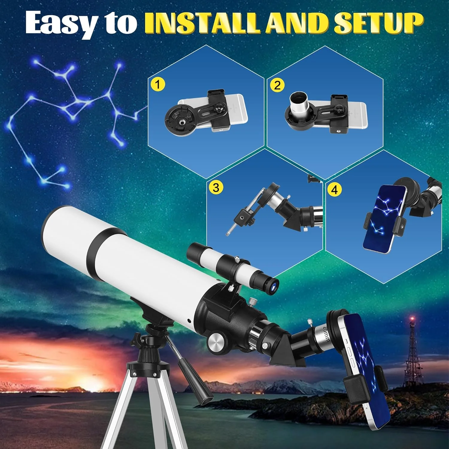 تلسکوپ برای بزرگسالان و کودکان مبتدی، دهانه 80 میلی‌متری، شکست نور 600 میلی‌متری (24X-180X)، تلسکوپ مسافرتی قابل حمل با آداپتور تلفن، کیف حمل