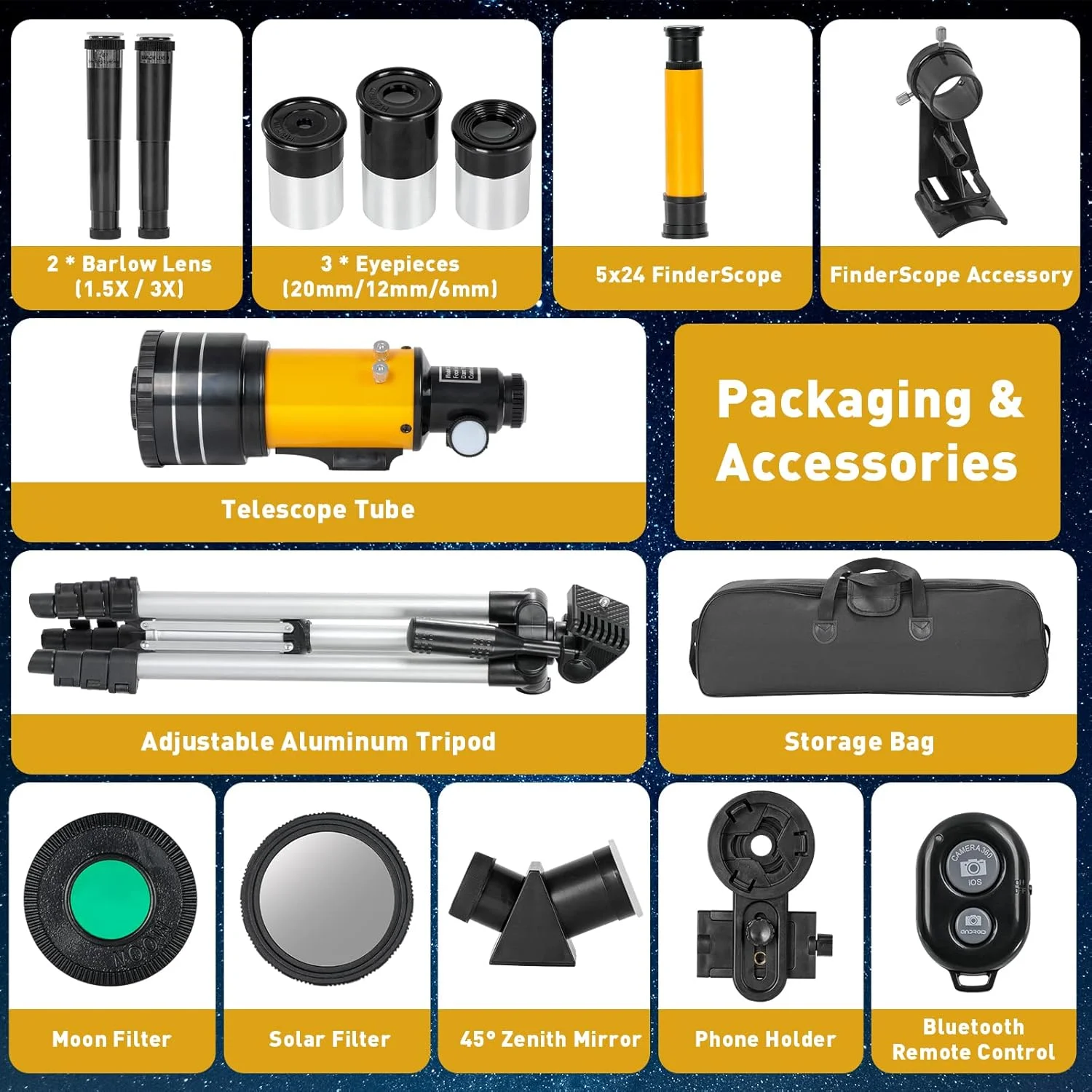 تلسکوپ نجومی، تلسکوپ برای بزرگسالان، تلسکوپ شکستی دهانه 70/300 میلی‌متری برای کودکان و مبتدیان، به همراه آداپتور تلفن و سه پایه برای مشاهده سیارات و ماه (15 تا 150 برابر)