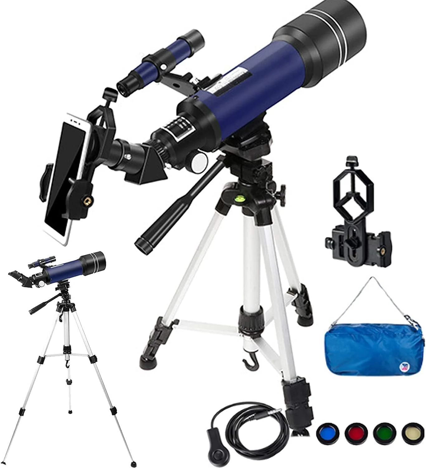 تلسکوپ نجومی 70 میلی‌متری شکستنی مناسب کودکان و بزرگسالان، به همراه پایه، آداپتور موبایل، شاتر سیمی، فیلتر ماه و کوله پشتی