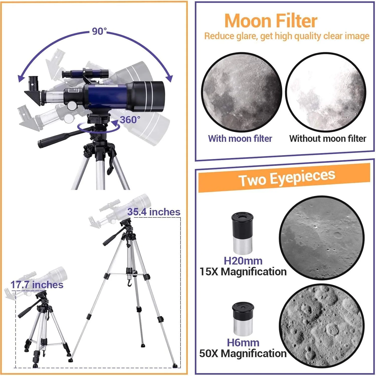 تلسکوپ نجومی 70 میلی‌متری برای کودکان و بزرگسالان، تلسکوپ شکستنی با پایه / آداپتور تلفن / شاتر سیمی / فیلتر ماه / کوله پشتی