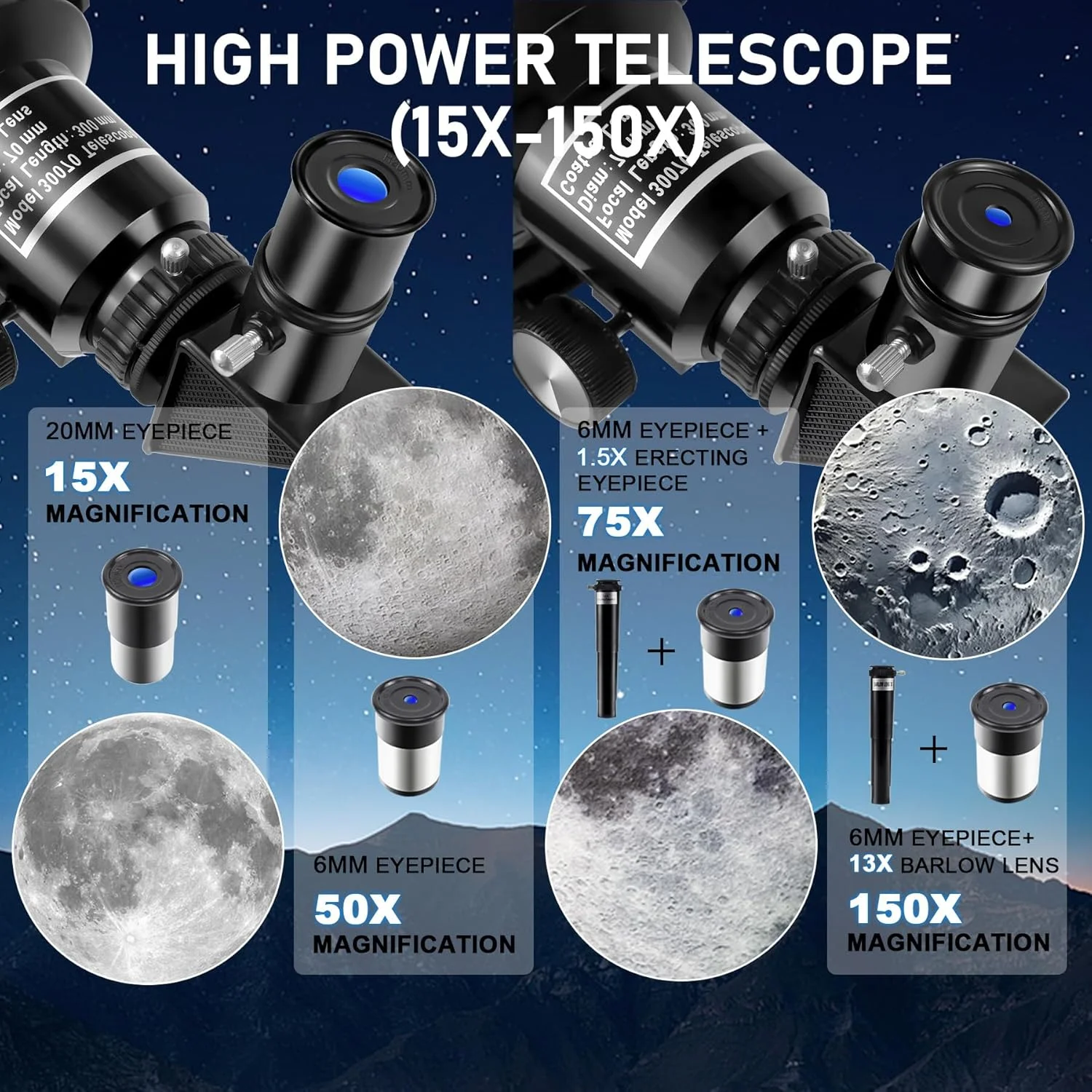تلسکوپ نجومی انکساری 70/300 میلیمتری با بزرگنمایی 150X به همراه سه پایه قابل تنظیم و آداپتور تلفن همراه، مناسب برای کودکان و هدیه ستارهنگری (مشکی) تلسکوپ نجومی انکساری 70/300 میلیمتری با بزرگنمایی 150X به همراه سه پایه قابل تنظیم و آداپتور تلفن همراه، مناسب برای کودکان و هدیه ستارهنگری (مشکی)
