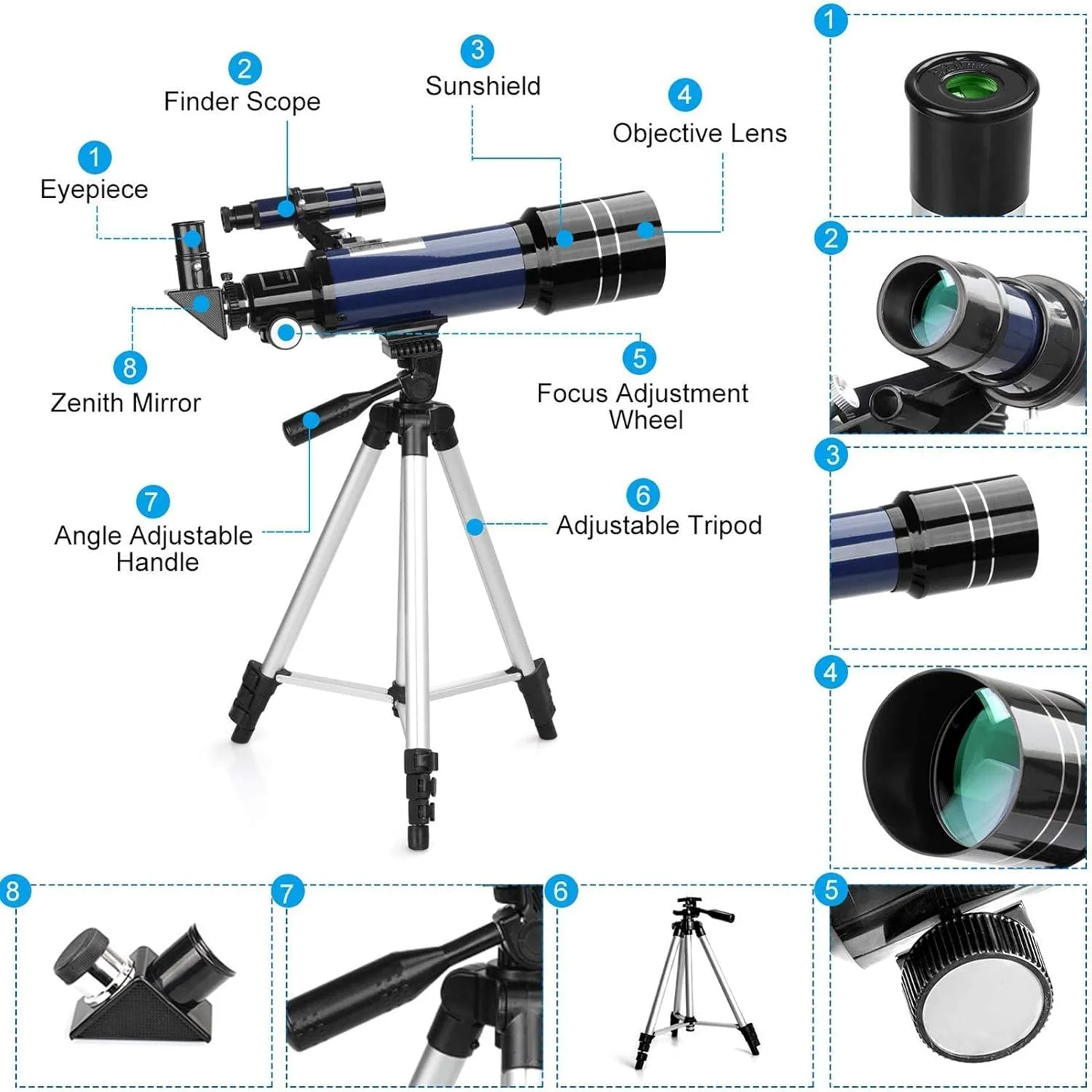 تلسکوپ نجومی 70 میلی‌متری برای کودکان و بزرگسالان، تلسکوپ شکستنی با پایه / آداپتور تلفن / شاتر سیمی / فیلتر ماه / کوله پشتی