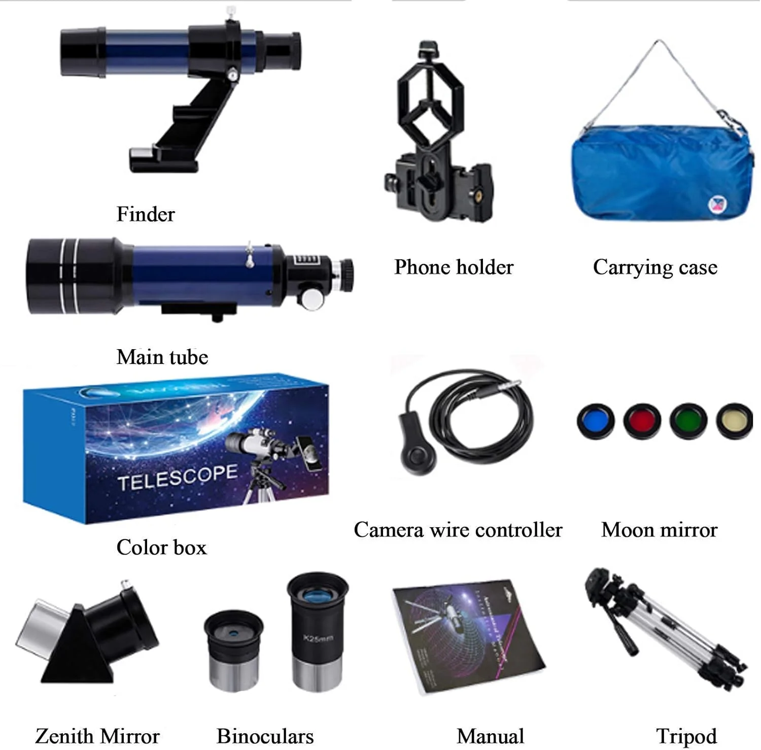 تلسکوپ نجومی 70 میلی‌متری برای کودکان و بزرگسالان، تلسکوپ شکستنی با پایه / آداپتور تلفن / شاتر سیمی / فیلتر ماه / کوله پشتی