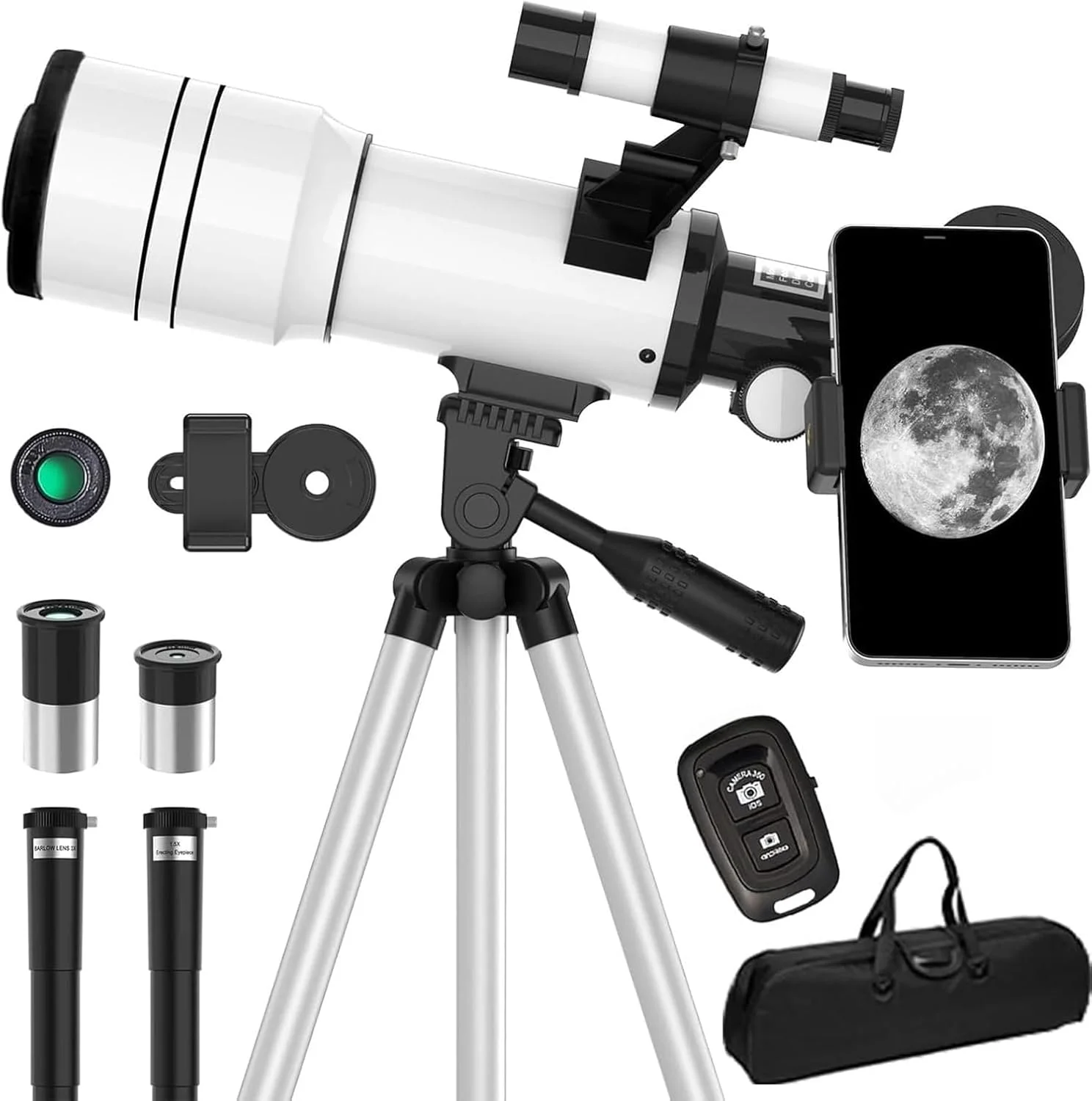 تلسکوپ برای بزرگسالان و کودکان، تلسکوپ های شکستنی نجومی با دیافراگم 70 میلی متری برای مبتدیان نجوم (15X-150X)، تلسکوپ قابل حمل 300 میلی متری با آداپتور تلفن و ریموت کنترل بی سیم