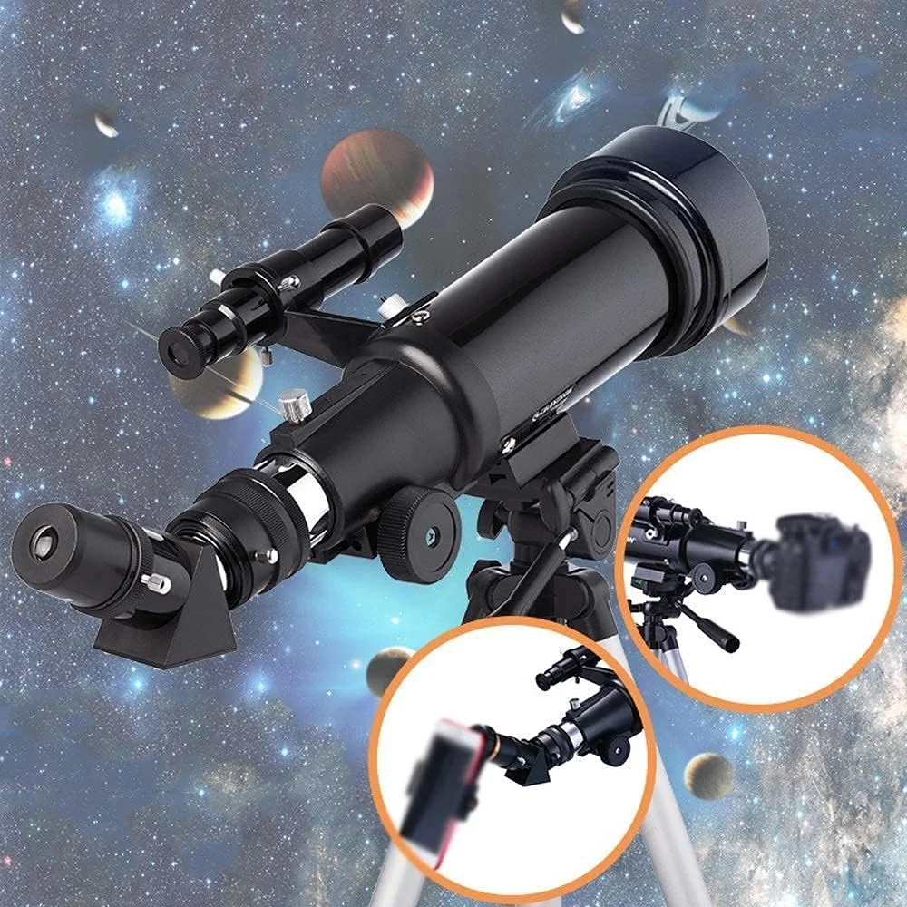 تلسکوپ منکسری نجومی برای کودکان و بزرگسالان به همراه آداپتور تلفن هوشمند، تلسکوپ نجومی مبتدی با پایه، همراه خوب برای دیدن ماه و سیاره