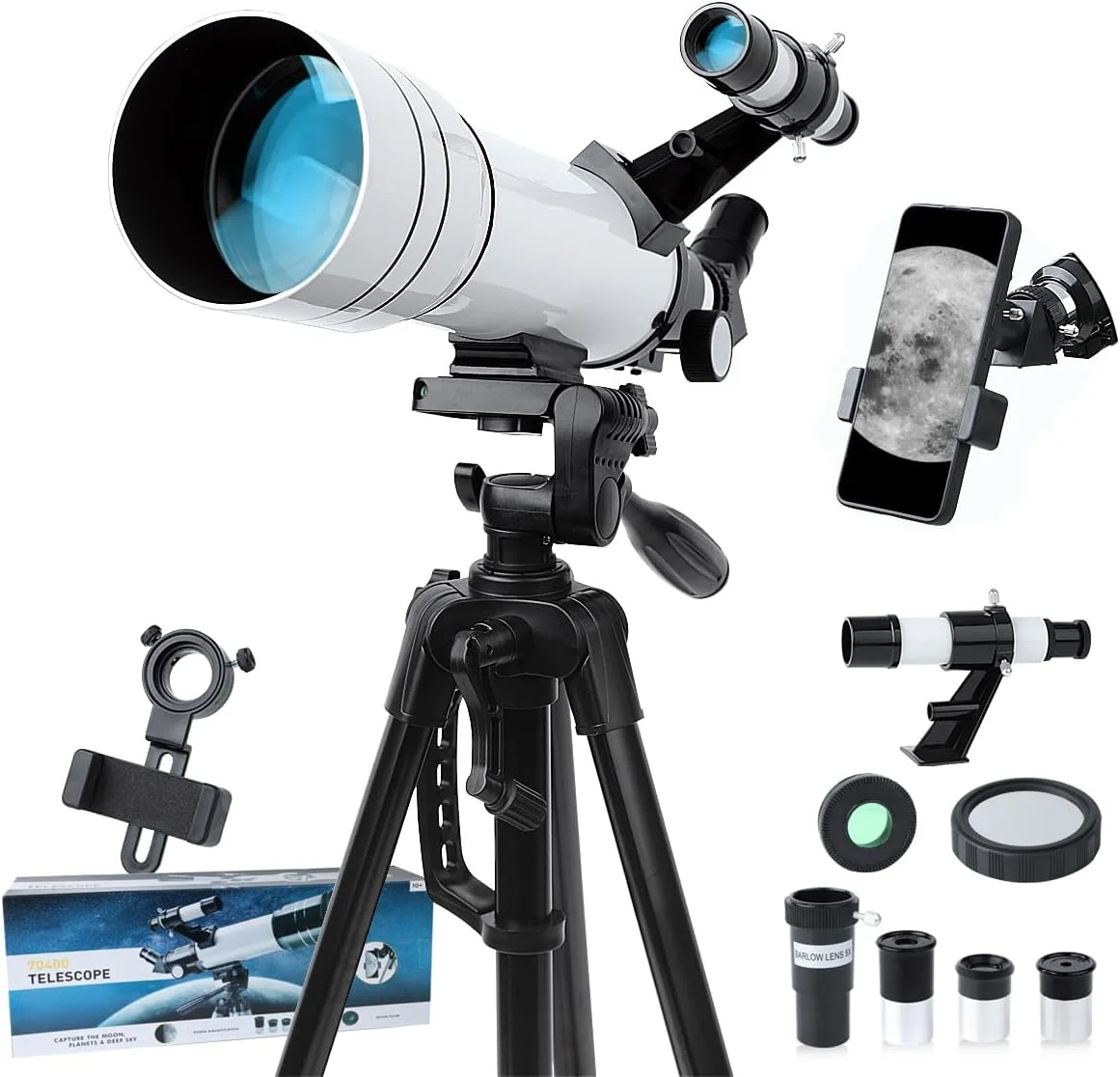تلسکوپ، دهانه 70 میلی‌متر، پایه AZ 400 میلی‌متر، بزرگنمایی 20x-333x، قابل حمل و پایدار، ریموت کنترل بی‌سیم، مناسب مبتدیان، تمام سنین و سطوح تجربه، بدون جنسیت