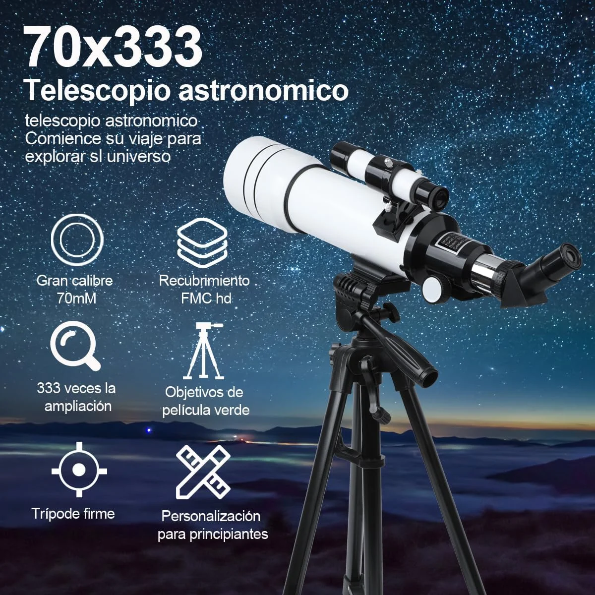 تلسکوپ، دهانه 70 میلی‌متر، پایه AZ 400 میلی‌متر، بزرگنمایی 20x-333x، قابل حمل و پایدار، ریموت کنترل بی‌سیم، مناسب مبتدیان، تمام سنین و سطوح تجربه، بدون جنسیت