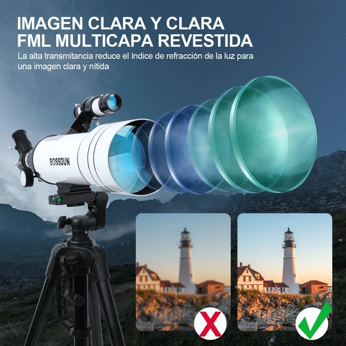 تلسکوپ، دهانه 70 میلی‌متر، پایه AZ 400 میلی‌متر، بزرگنمایی 20x-333x، قابل حمل و پایدار، ریموت کنترل بی‌سیم، مناسب مبتدیان، تمام سنین و سطوح تجربه، بدون جنسیت