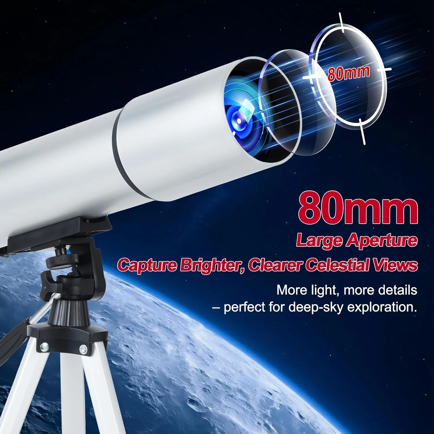 تلسکوپ برای بزرگسالان و کودکان - تلسکوپ حرفه ای 80 میلی متری با دهانه باز، تلسکوپ شکست نور 600 میلی متری، کیت نجومی با سه پایه، لنز بارلو و آداپتور تلفن برای مشاهده سیارات و عکاسی نجومی تلسکوپ برای بزرگسالان و کودکان - تلسکوپ حرفه ای 80 میلی متری با دهانه باز، تلسکوپ شکست نور 600 میلی متری، کیت نجومی با سه پایه، لنز بارلو و آداپتور تلفن برای مشاهده سیارات و عکاسی نجومی
