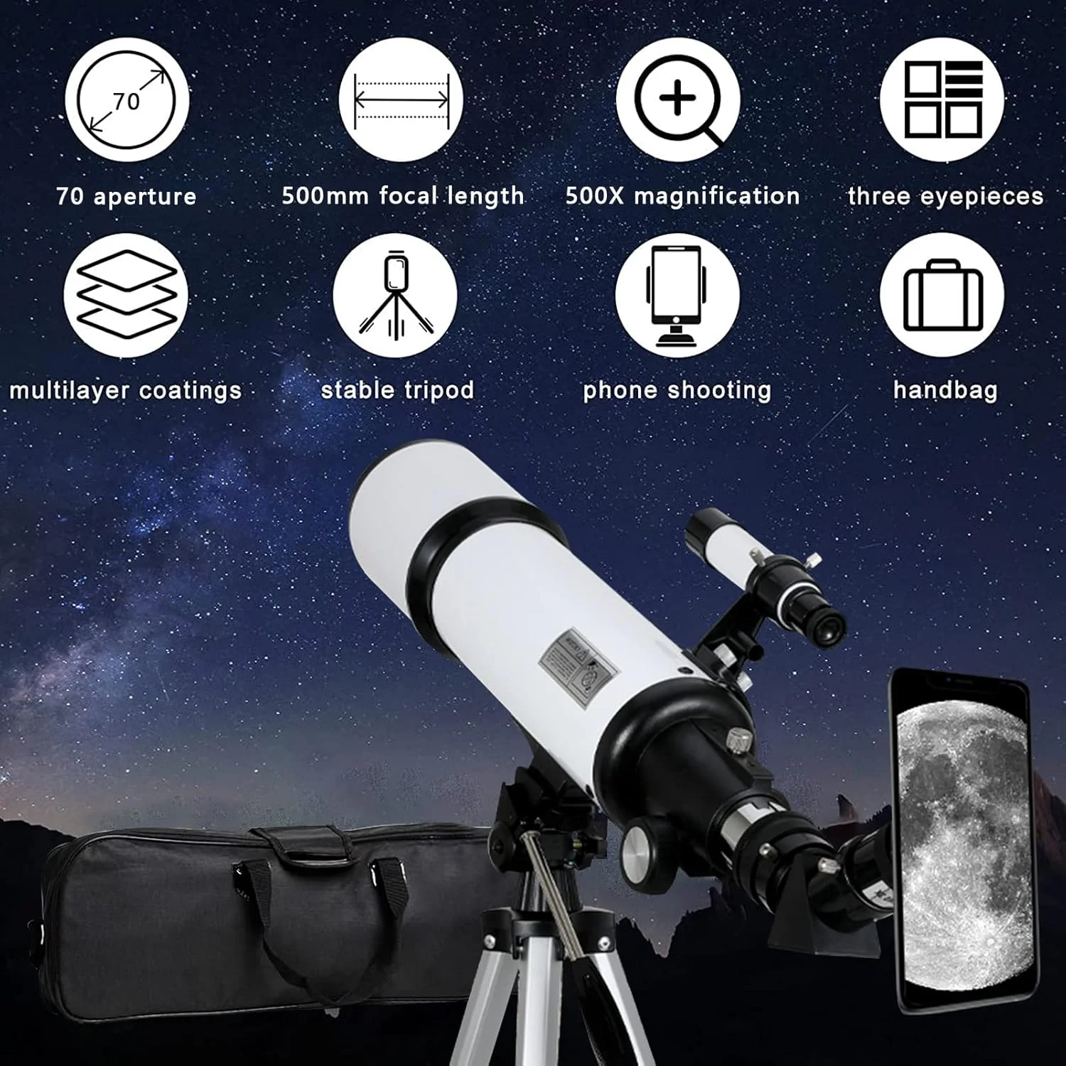 تلسکوپ قابل حمل TDOO با دهانه 70 میلی‌متری و فاصله کانونی 500 میلی‌متری برای کودکان، بزرگسالان و مبتدیان، تلسکوپ‌های شکستنی نجومی با اپتیک چند لایه پوشش‌داده‌شده به همراه سه‌پایه تاشو، آداپتور تلفن و کیف حمل (سفید)