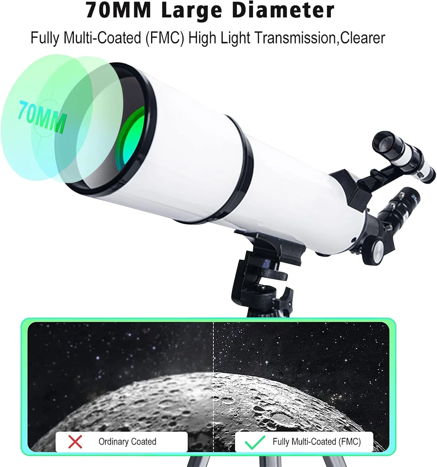 تلسکوپ قابل حمل TDOO با دهانه 70 میلی‌متری و فاصله کانونی 500 میلی‌متری برای کودکان، بزرگسالان و مبتدیان، تلسکوپ‌های شکستنی نجومی با اپتیک چند لایه پوشش‌داده‌شده به همراه سه‌پایه تاشو، آداپتور تلفن و کیف حمل (سفید)