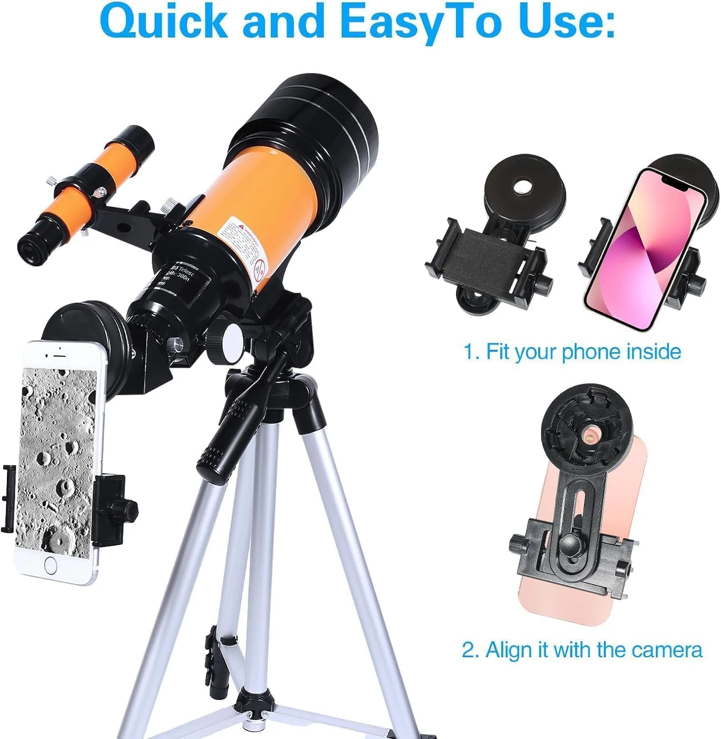 تلسکوپ کودک تزویق، دیافراگم 70 میلی‌متری (15X-150X) تلسکوپ‌های شکستنی قابل حمل برای بزرگسالان/مبتدیان نجوم با آداپتور تلفن همراه، با سه پایه قابل تنظیم و ستاره‌یاب