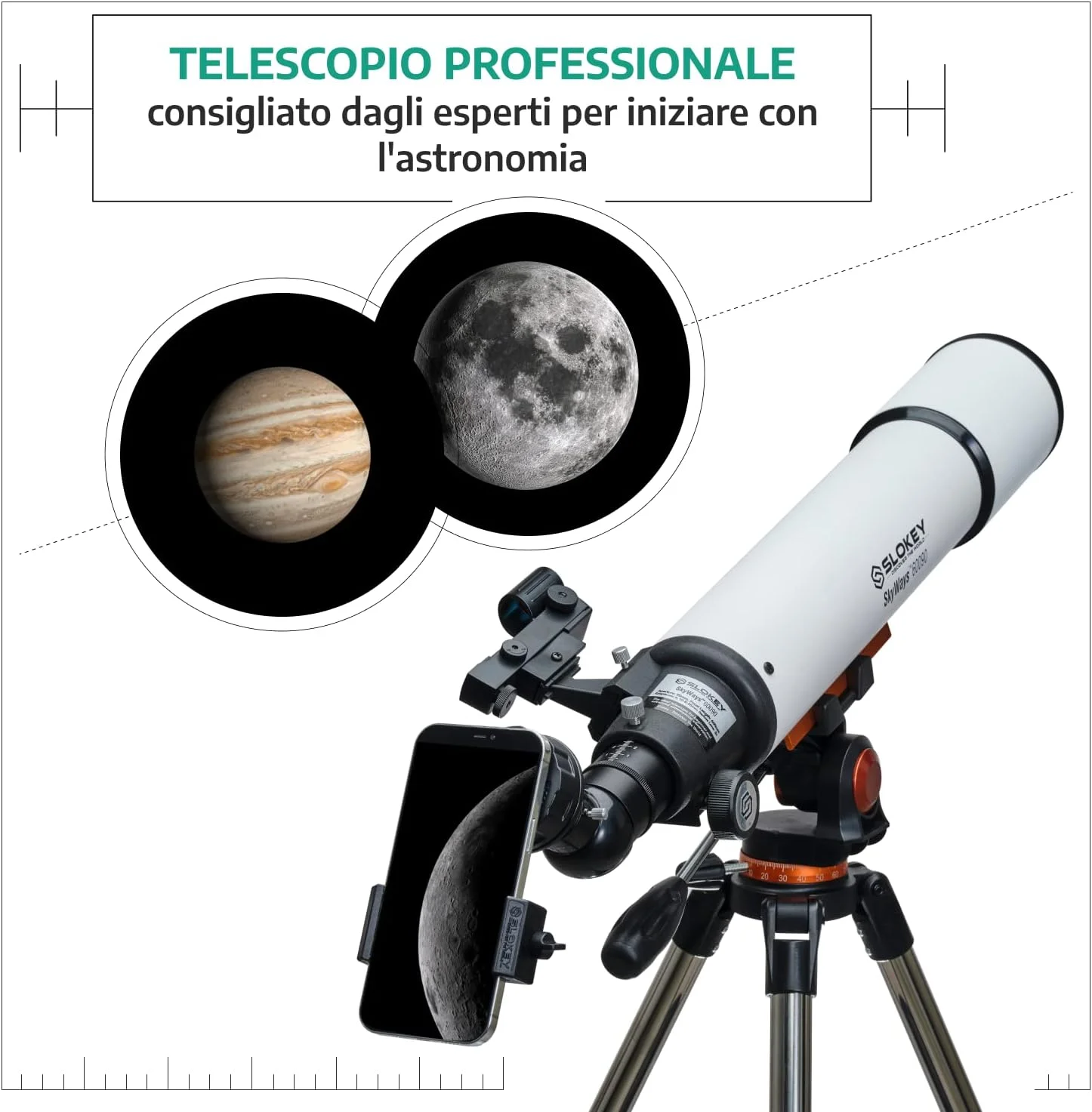 شکست نجومی Slokey 60090 - تلسکوپ مسافرتی قابل حمل و قدرتمند 24x-300x - تک چشمی نجومی برای بزرگسالان، کودکان و مبتدیان - تلسکوپ دیجیتال هوشمند برای ماه، سیارات و ستاره نگری