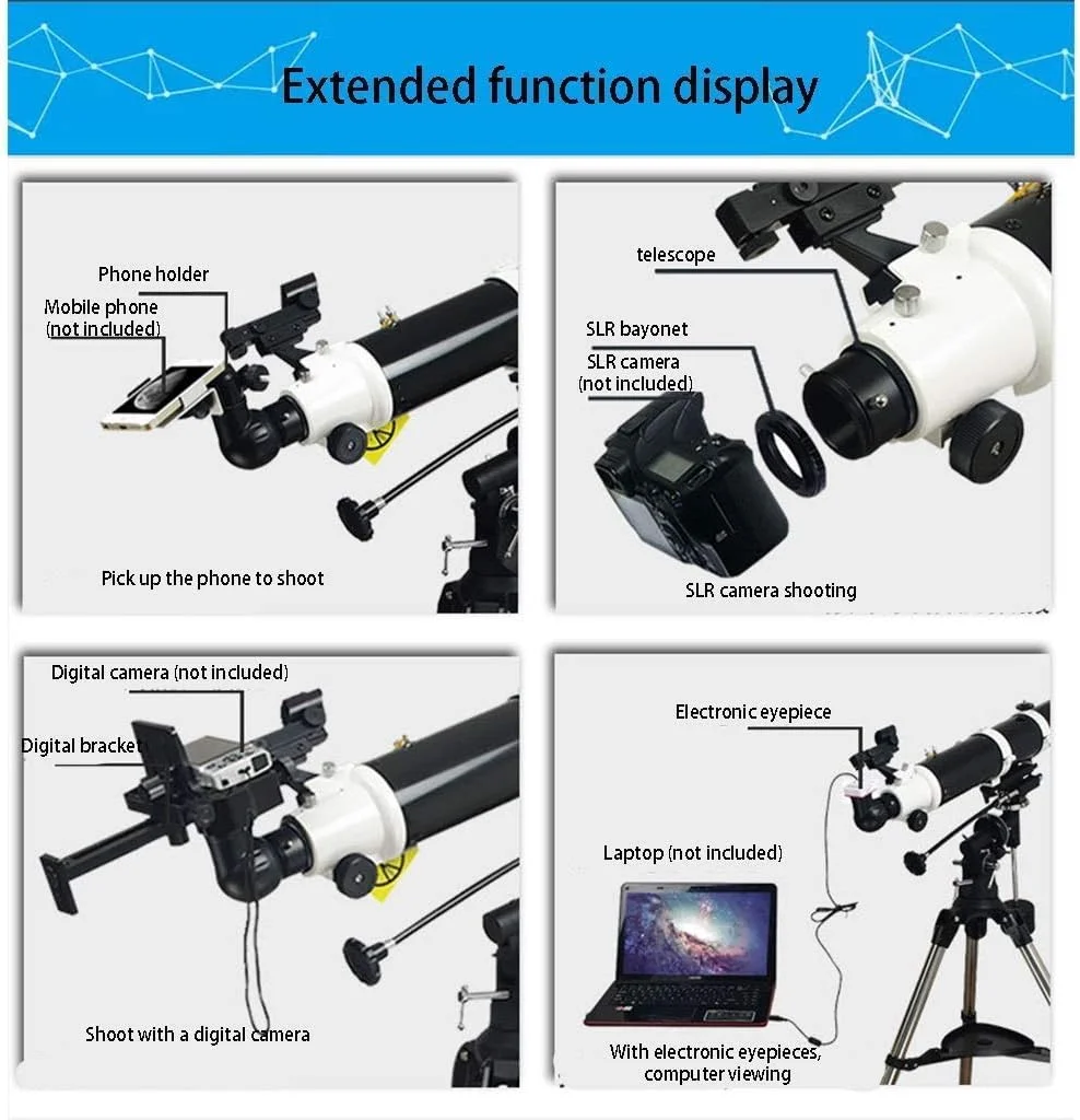تلسکوپ HD برای تماشای ستارگان، تلسکوپ های شکستنی، دهانه 80 میلی متری، تلسکوپ نجومی 900 میلی متری با پایه قابل تنظیم و پایه تلفن هوشمند