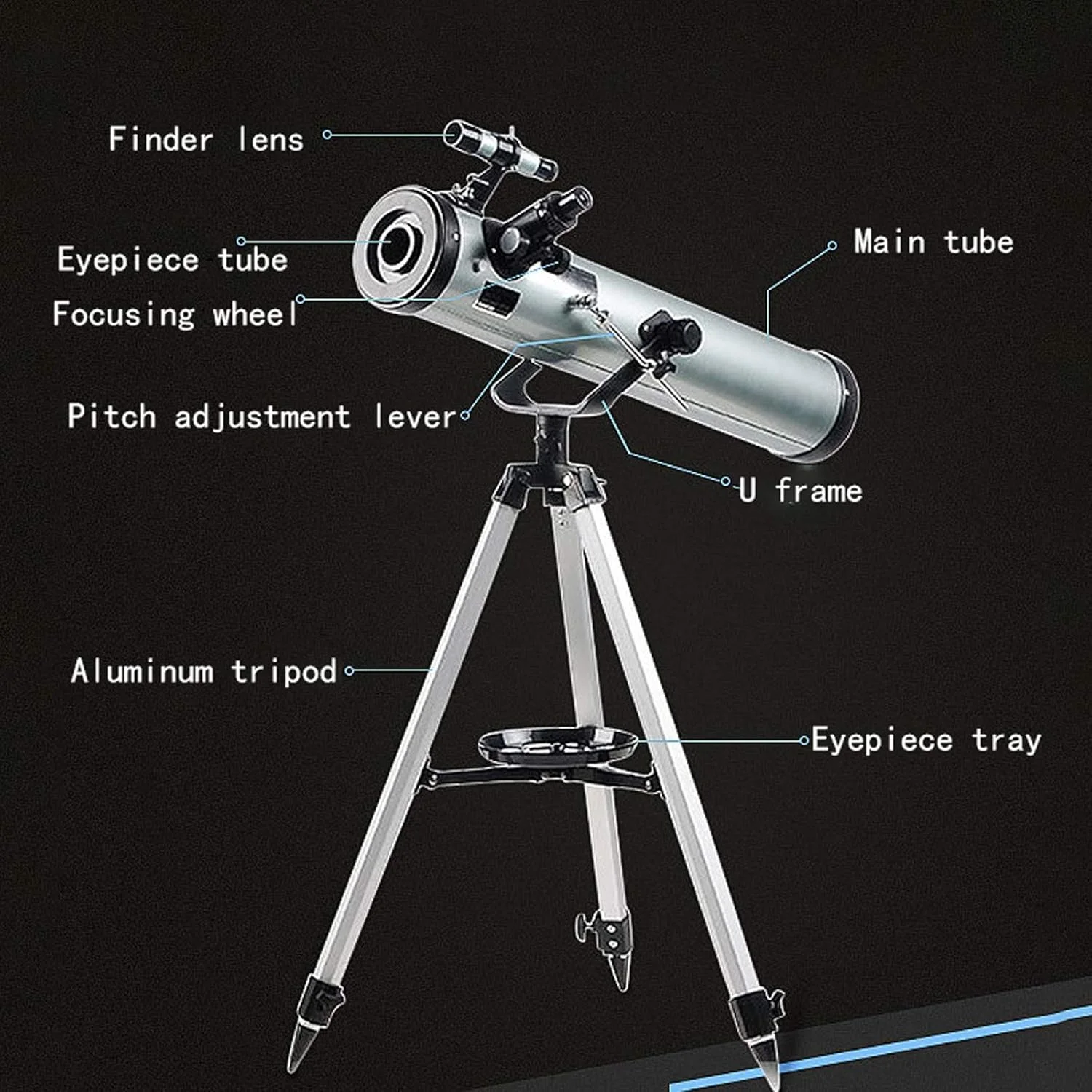 تلسکوپ شکستنی 76 میلی‌متری با پایه و یابنده، بهترین تلسکوپ برای سیارات، تلسکوپ نجومی شکستنی برای مبتدیان، دید در شب با نور کم و کیفیت HD