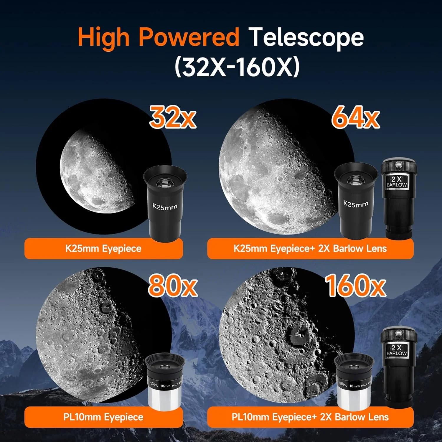 تلسکوپ SVBONY SV520، قدرت بالا، دهانه 90 میلی‌متری، فاصله کانونی 800 میلی‌متری، تلسکوپ شکستنی با پایه AZ، کیت تلسکوپ مبتدی با چشمی K25، چشمی PL10، لنز بارلو