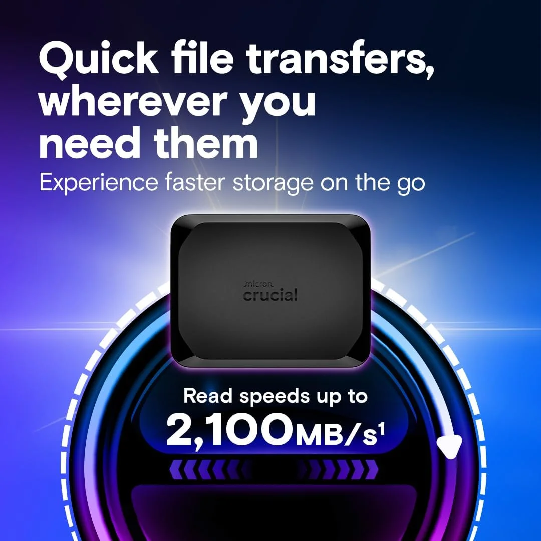درایو SSD اکسترنال قابل حمل کروشیال X10 با ظرفیت 4 ترابایت - سرعت تا 2100 مگابایت بر ثانیه، USB-C 3.2 Gen2، مقاوم در برابر گرد و غبار و آب با استاندارد IP65، درایو حالت جامد اکسترنال، مشکی - CT4000X10SSD9C02