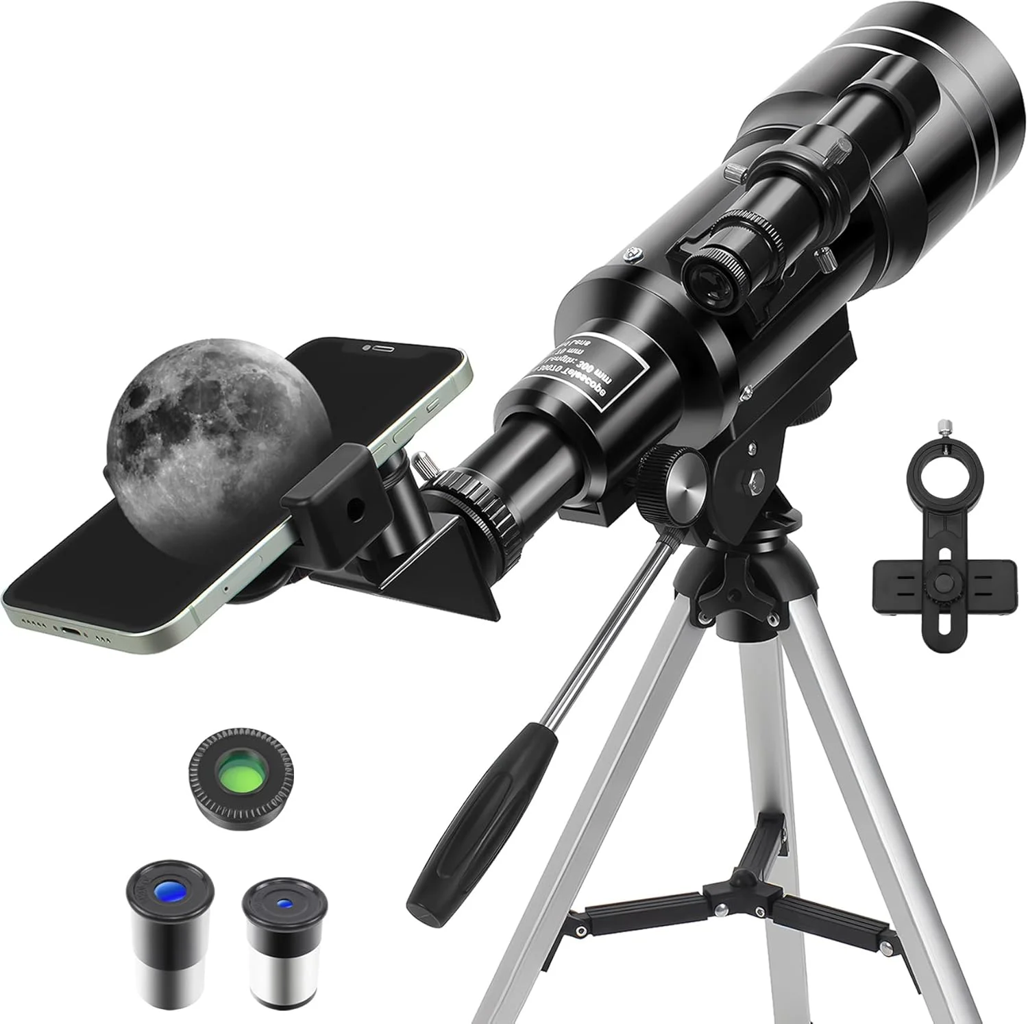 تلسکوپ نجومی انکساری 70/300 میلی‌متری با بزرگنمایی 150X، تلسکوپ قابل حمل با سه پایه قابل تنظیم و آداپتور تلفن همراه، هدیه ای برای ستاره شناسی کودکان (مشکی)