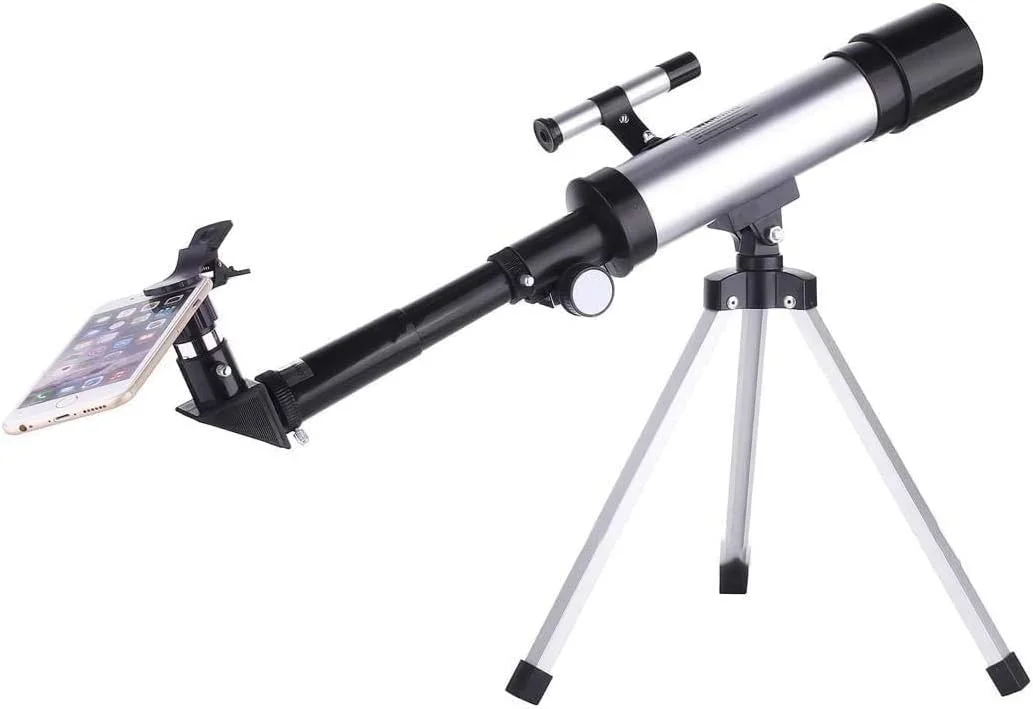 تلسکوپ انکساری با پایه و یابنده، تلسکوپ قابل حمل برای کودکان و مبتدیان نجوم، تلسکوپ مسافرتی با پایه و نگهدارنده تلفن