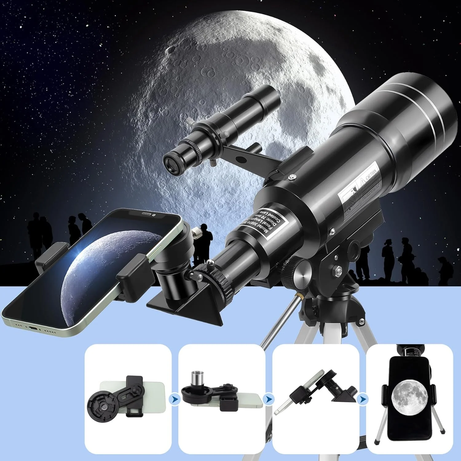 تلسکوپ نجومی انکساری 70/300 میلی‌متری با بزرگنمایی 150X، تلسکوپ قابل حمل با سه پایه قابل تنظیم و آداپتور تلفن همراه، هدیه ای برای ستاره شناسی کودکان (مشکی)