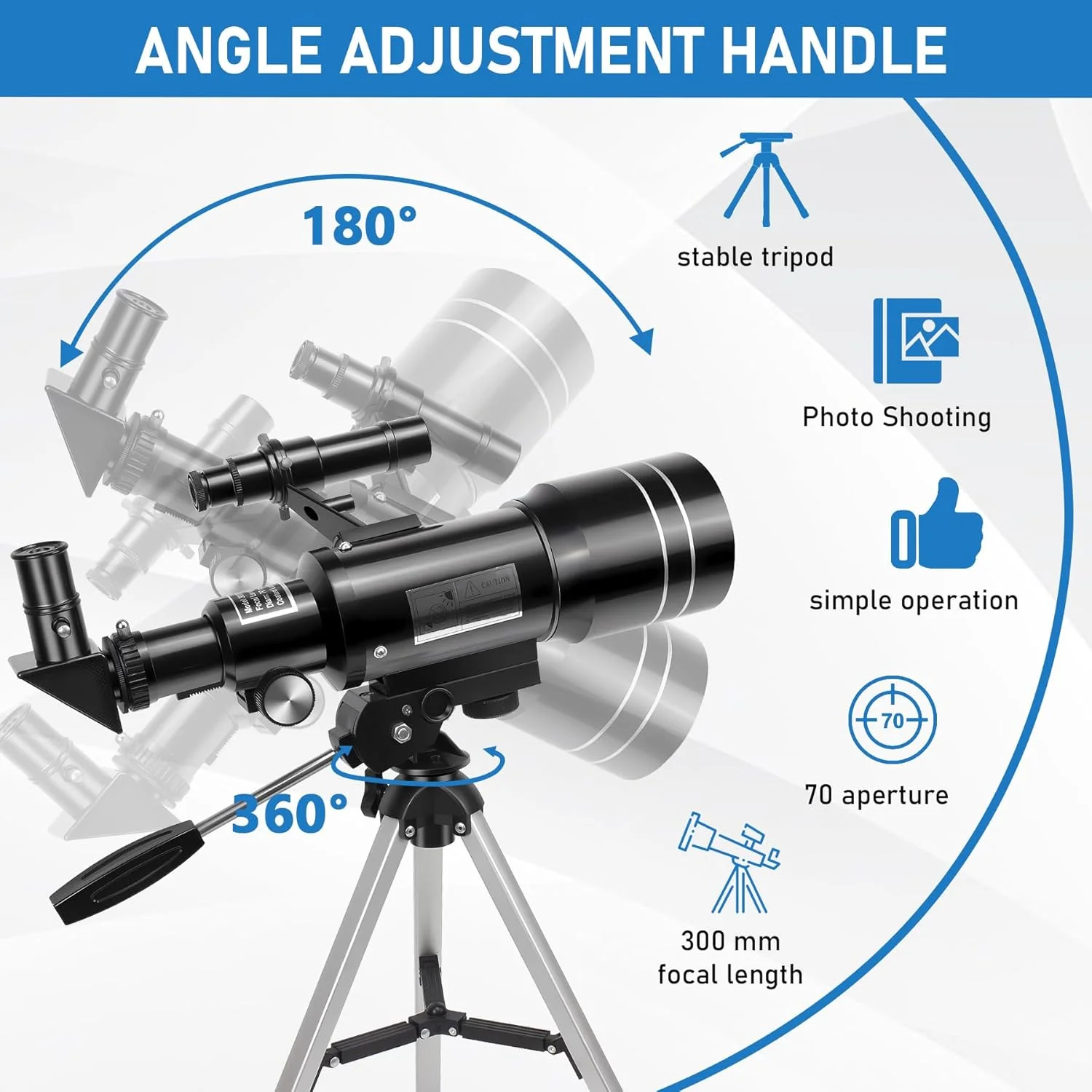 تلسکوپ نجومی انکساری 70/300 میلی‌متری با بزرگنمایی 150X، تلسکوپ قابل حمل با سه پایه قابل تنظیم و آداپتور تلفن همراه، هدیه ای برای ستاره شناسی کودکان (مشکی)