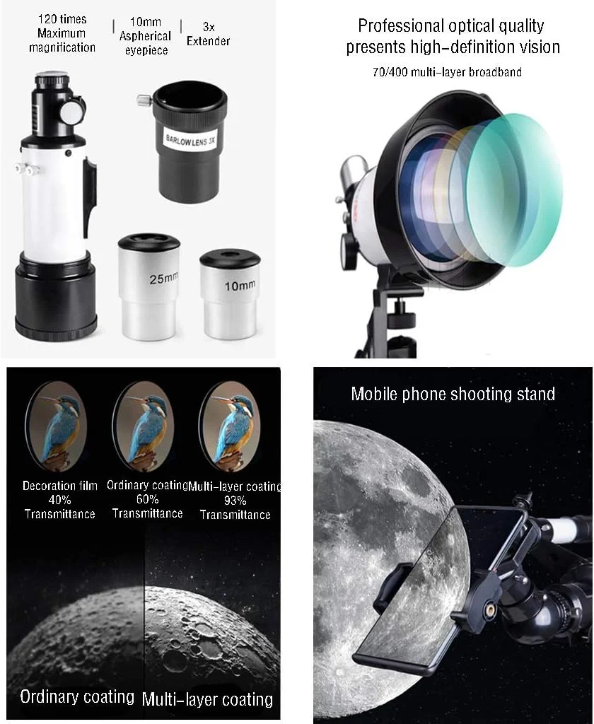تلسکوپ انکساری، تلسکوپ برای مبتدیان، دهانه 70 میلی‌متری تلسکوپ نجومی 400 میلی‌متری، تلسکوپ مسافرتی قابل حمل برای بزرگسالان با کوله پشتی، بهترین هدیه برای کودکان