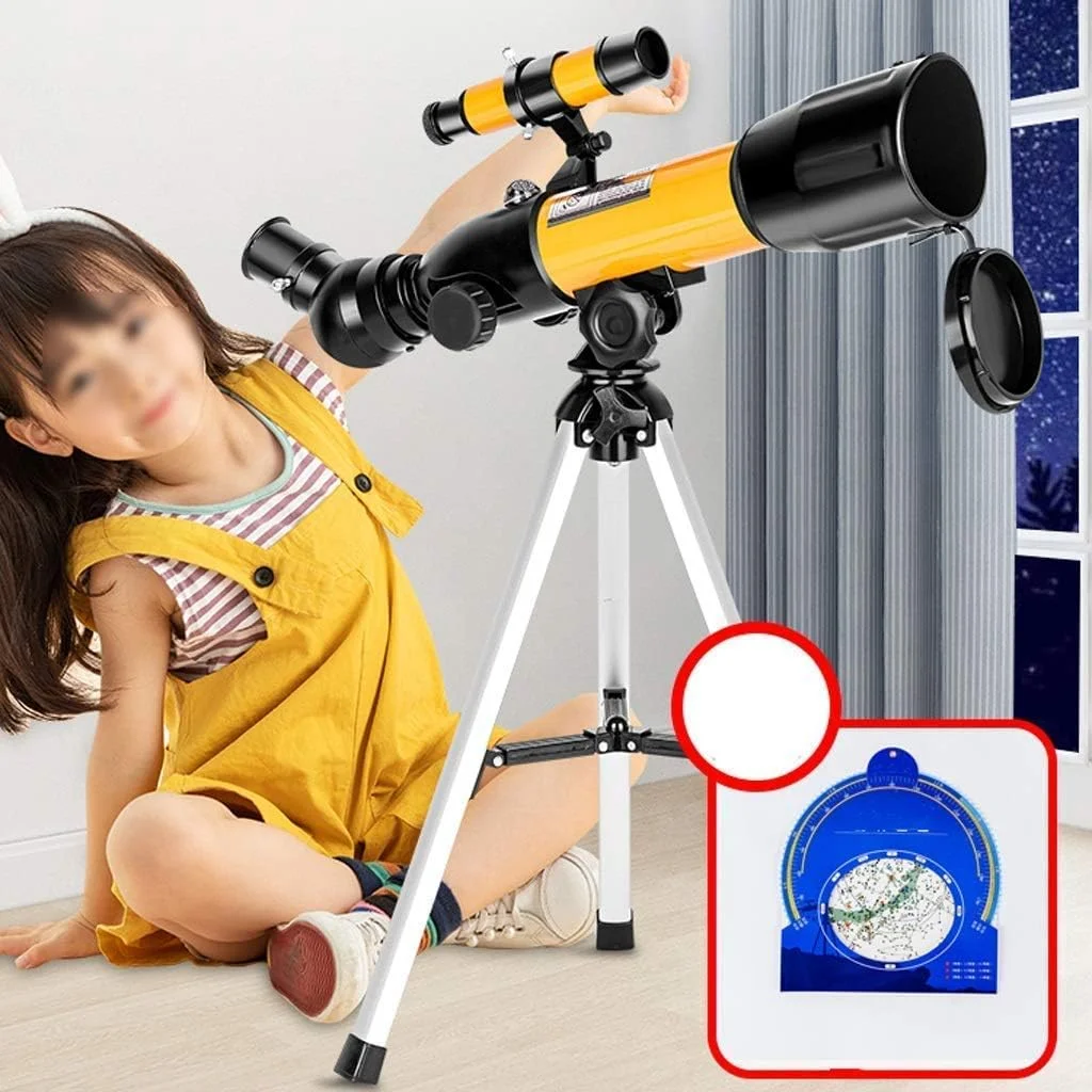 تلسکوپ فشرده و قابل حمل برای کودکان و مبتدیان، تلسکوپ انکساری با دیافراگم 50 میلی‌متری، هدیه عالی نجومی برای کودکان برای کاوش در فضا، زرد