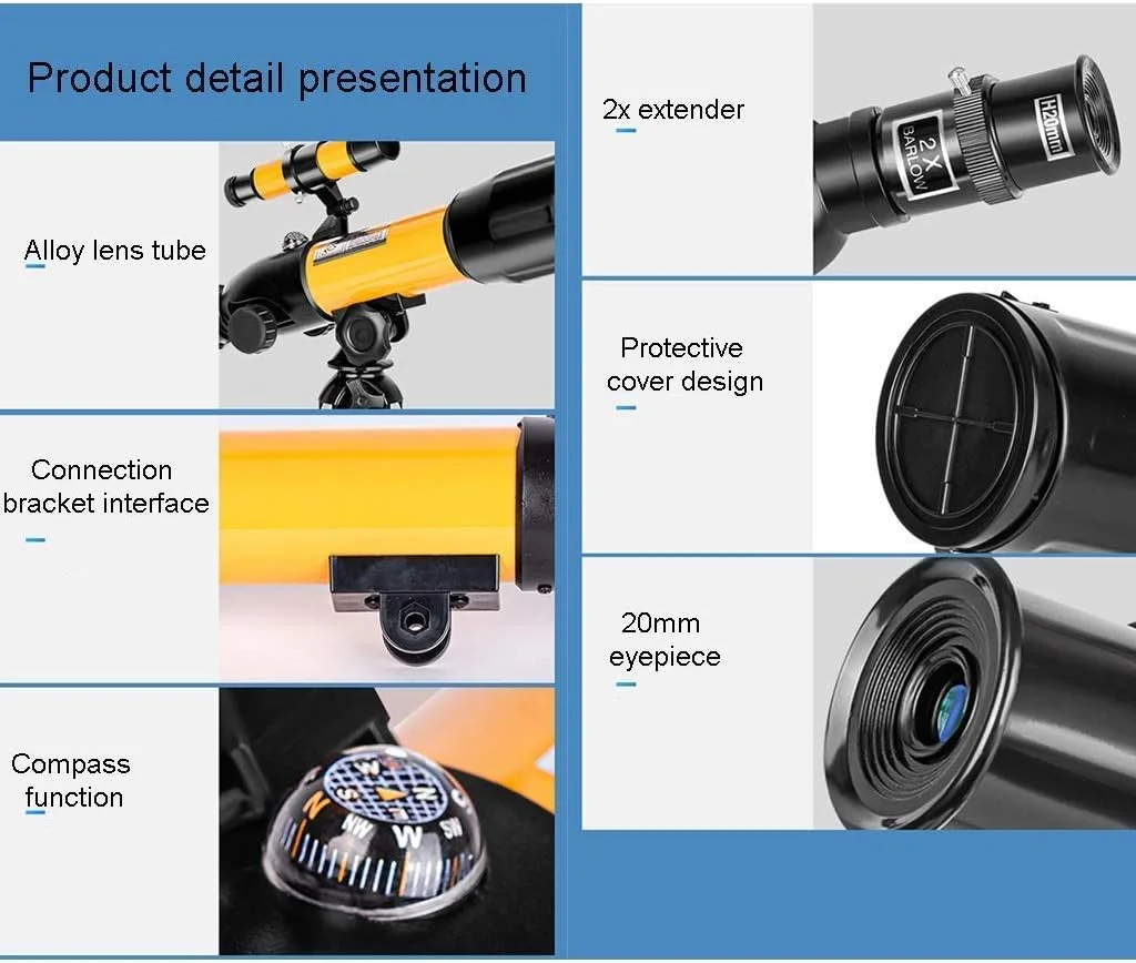 تلسکوپ فشرده و قابل حمل برای کودکان و مبتدیان، تلسکوپ انکساری با دیافراگم 50 میلی‌متری، هدیه عالی نجومی برای کودکان برای کاوش در فضای ماه، زرد