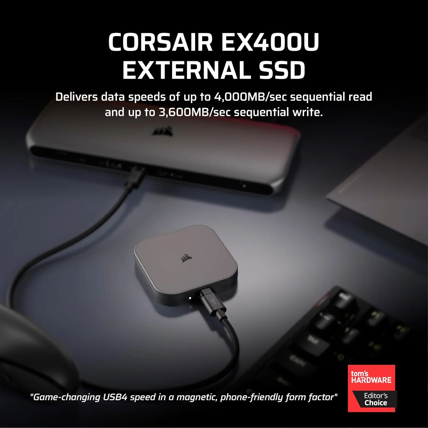 حافظه اس اس دی اکسترنال قابل حمل Corsair EX400U با ظرفیت 1 ترابایت، USB4، Type-C – اتصالات 3.2 Gen2 2x2، تا 40 گیگابیت بر ثانیه، Plug and Play، MagSafe، شامل کابل – سازگار با ویندوز، iOS و مک – خاکستری