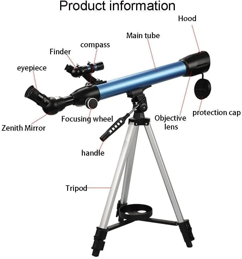 تلسکوپ شکستنی کودکان برای نجوم، سه پایه قابل تنظیم، آینه سمت الراس 45 درجه، دهانه بزرگ 50 میلی متری، تلسکوپ مسافرتی قابل حمل برای مبتدیان و بزرگسالان