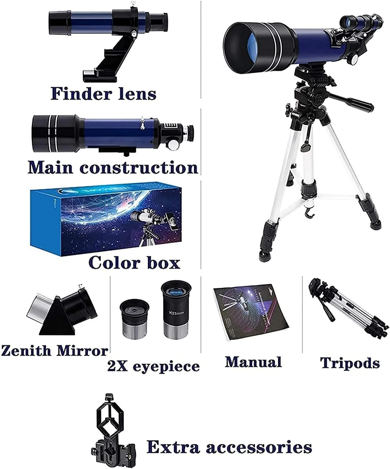 تلسکوپ کودکان و مبتدیان، تلسکوپ شکستنی نجومی 70 میلی‌متری با پایه قابل تنظیم و یابنده - قابل حمل