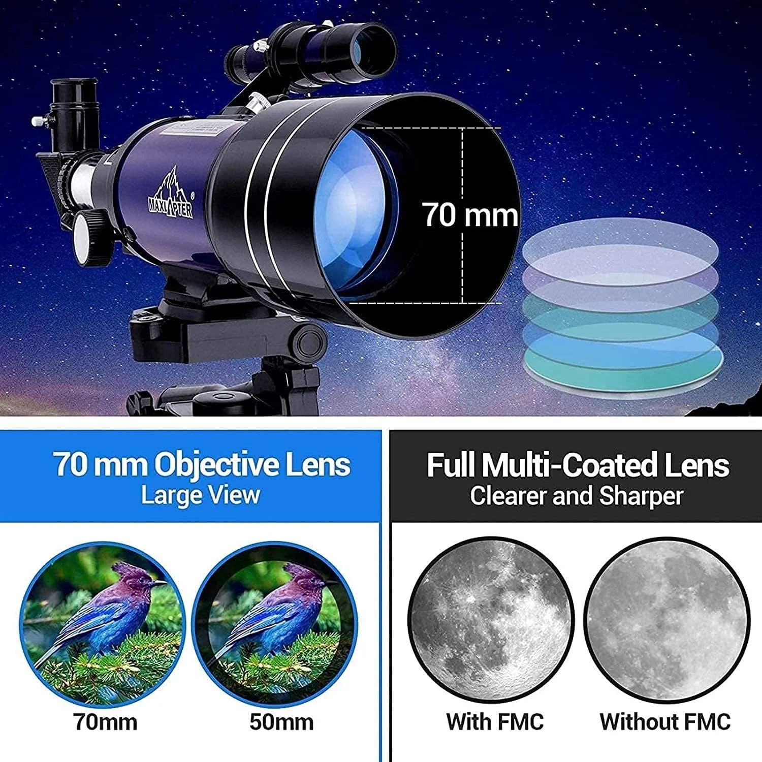 تلسکوپ کودکان و مبتدیان، تلسکوپ شکستنی نجومی 70 میلی‌متری با پایه قابل تنظیم و یابنده - قابل حمل