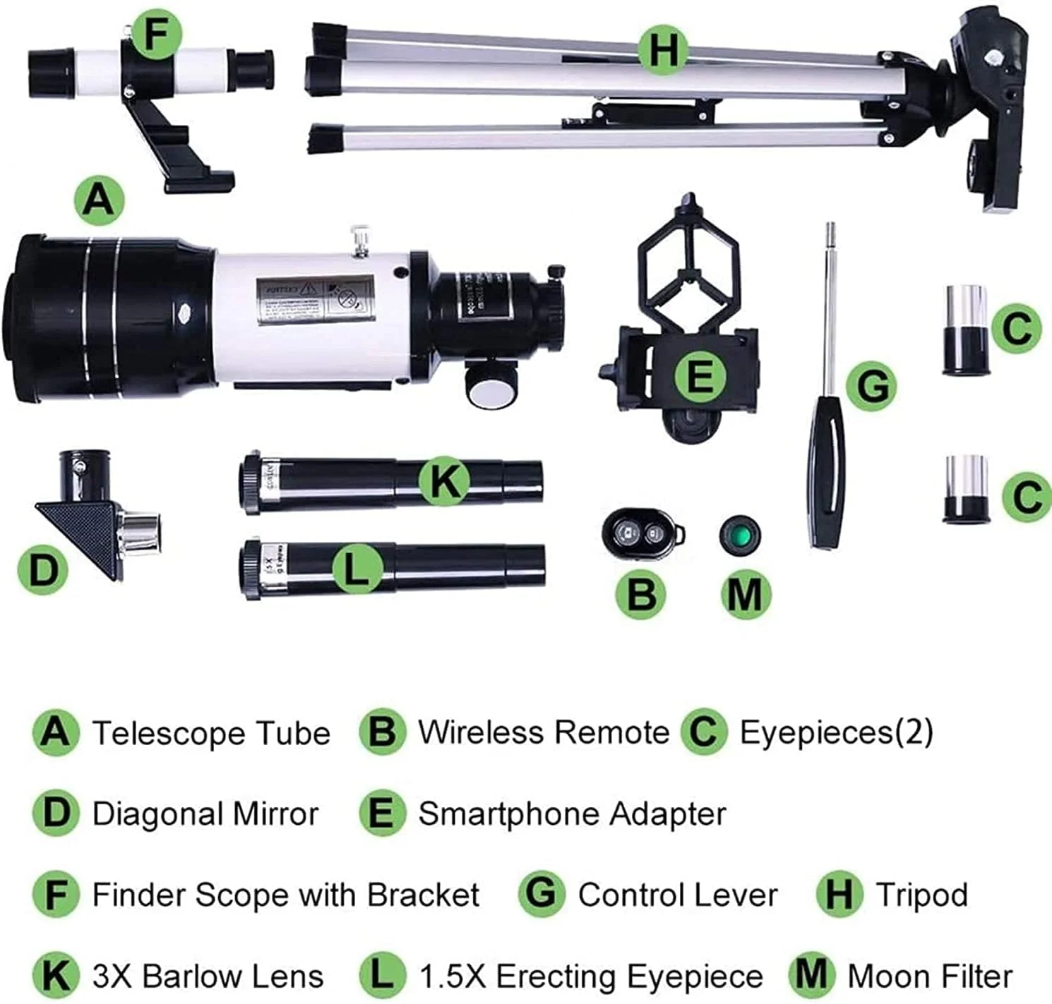 تلسکوپ کودکان و بزرگسالان، تلسکوپ شکستنی مسافرتی 70 میلی‌متری برای مبتدیان نجوم، آداپتور تلفن هوشمند، کنترل شاتر دوربین، فیلتر ماه برای منظره طبیعی