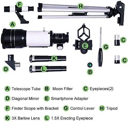 تلسکوپ نجومی مبتدی کودکان با دهانه 70 میلی‌متری و فاصله کانونی 300 میلی‌متر، به همراه سه‌پایه و یابنده - تلسکوپ مسافرتی قابل حمل با آداپتور تلفن هوشمند و کنترل از راه دور بی‌سیم