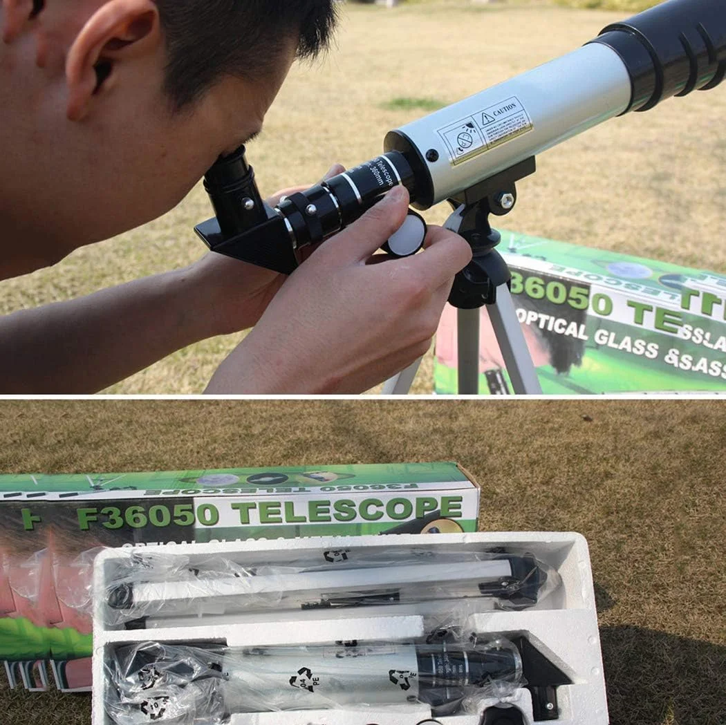 تلسکوپ کودکان و مبتدیان بزرگسال، طول کانونی 360 میلی‌متر، بزرگنمایی 90 برابر، تلسکوپ شکستنی مسافرتی، با پایه قابل تنظیم