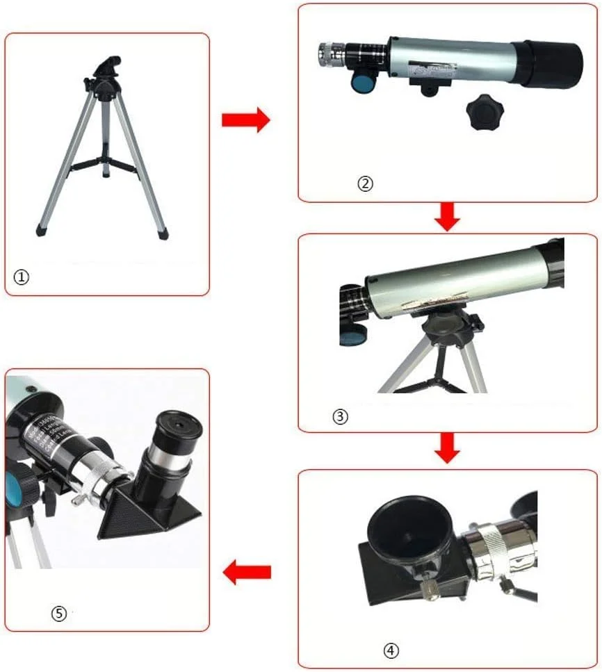 تلسکوپ کودکان و مبتدیان بزرگسال، طول کانونی 360 میلی‌متر، بزرگنمایی 90 برابر، تلسکوپ شکستنی مسافرتی، با پایه قابل تنظیم