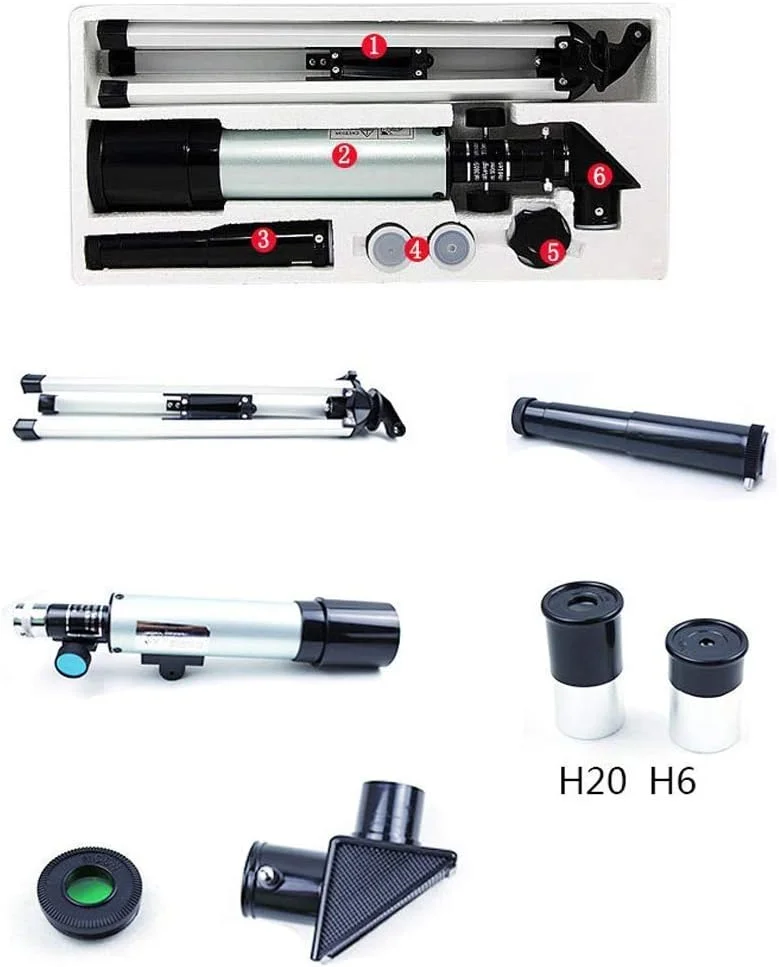 تلسکوپ کودکان و مبتدیان بزرگسال، طول کانونی 360 میلی‌متر، بزرگنمایی 90 برابر، تلسکوپ شکستنی مسافرتی، با پایه قابل تنظیم